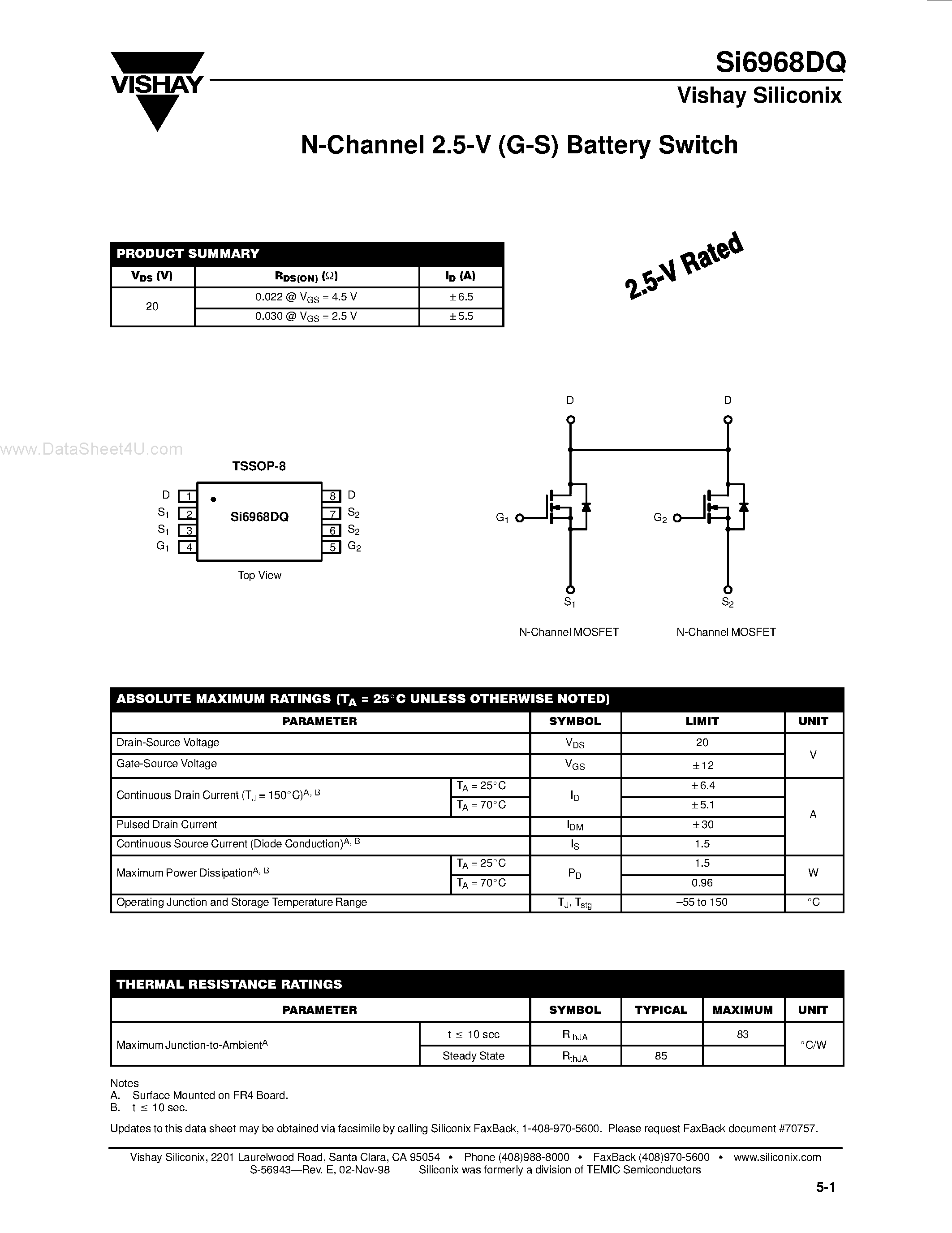 Даташит SI6968DQ - N-Channel 2.5-V (G-S) Battery Switch страница 1