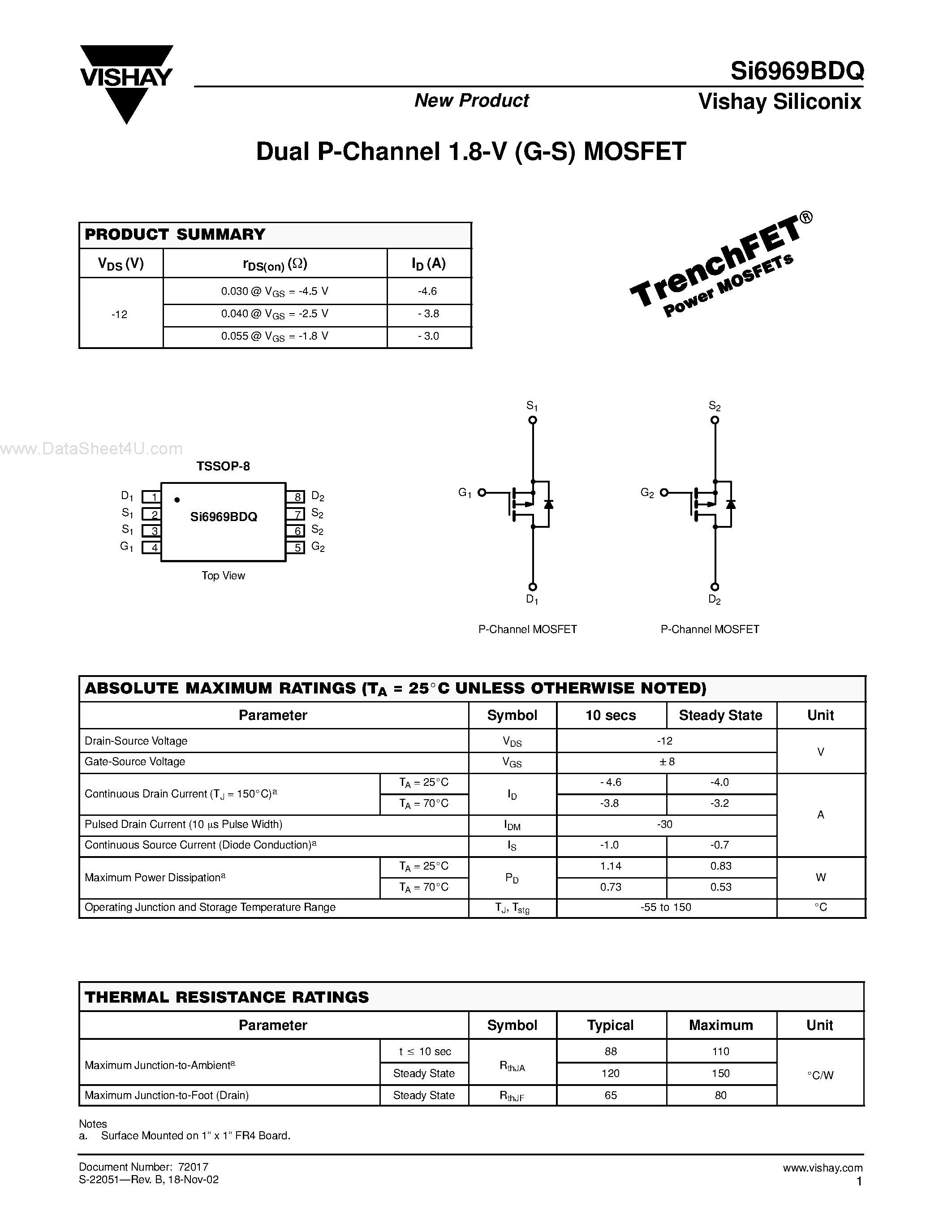 Datasheet SI6969BDQ - Dual P-Channel 1.8-V (G-S) MOSFET page 1