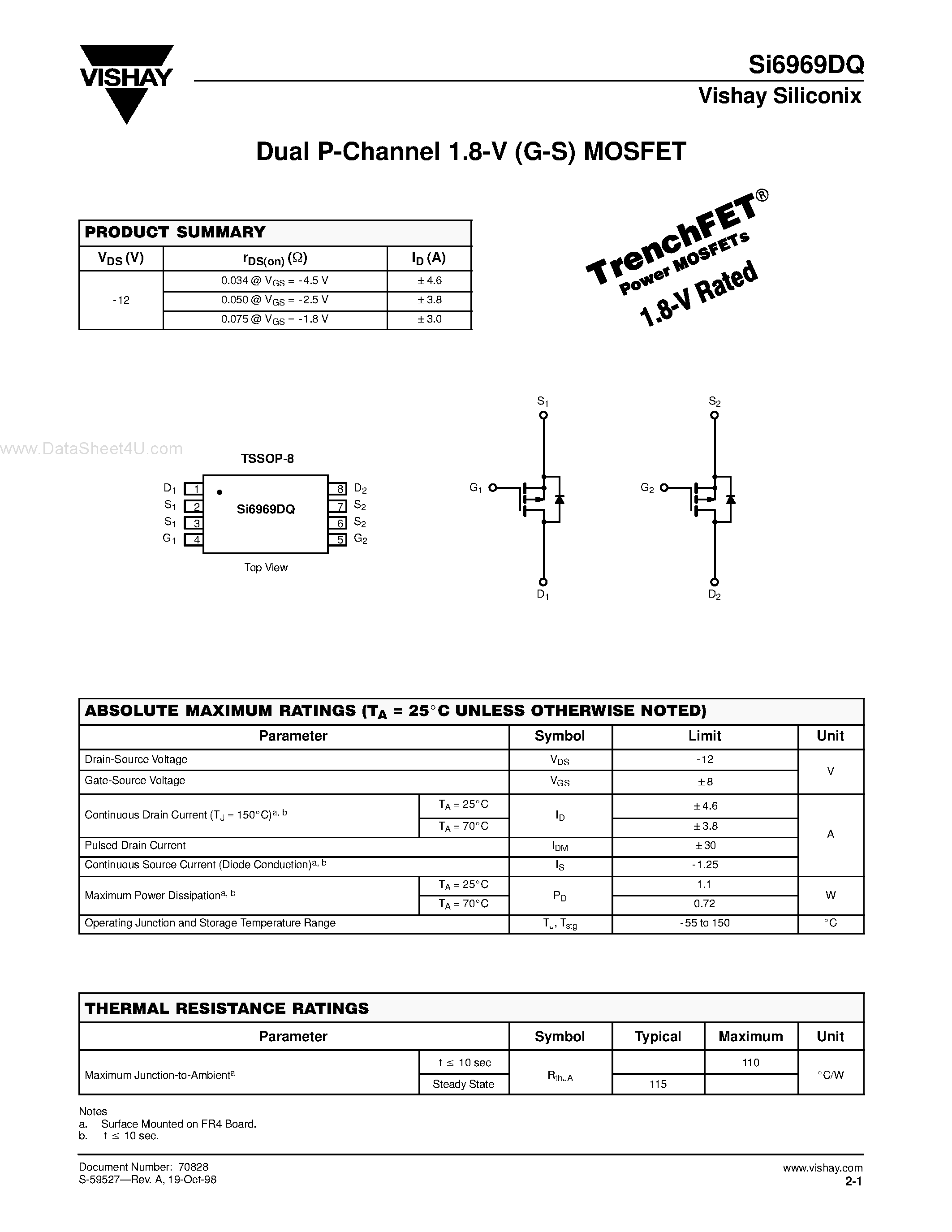 Datasheet SI6969DQ - Dual P-Channel 1.8-V (G-S) MOSFET page 1