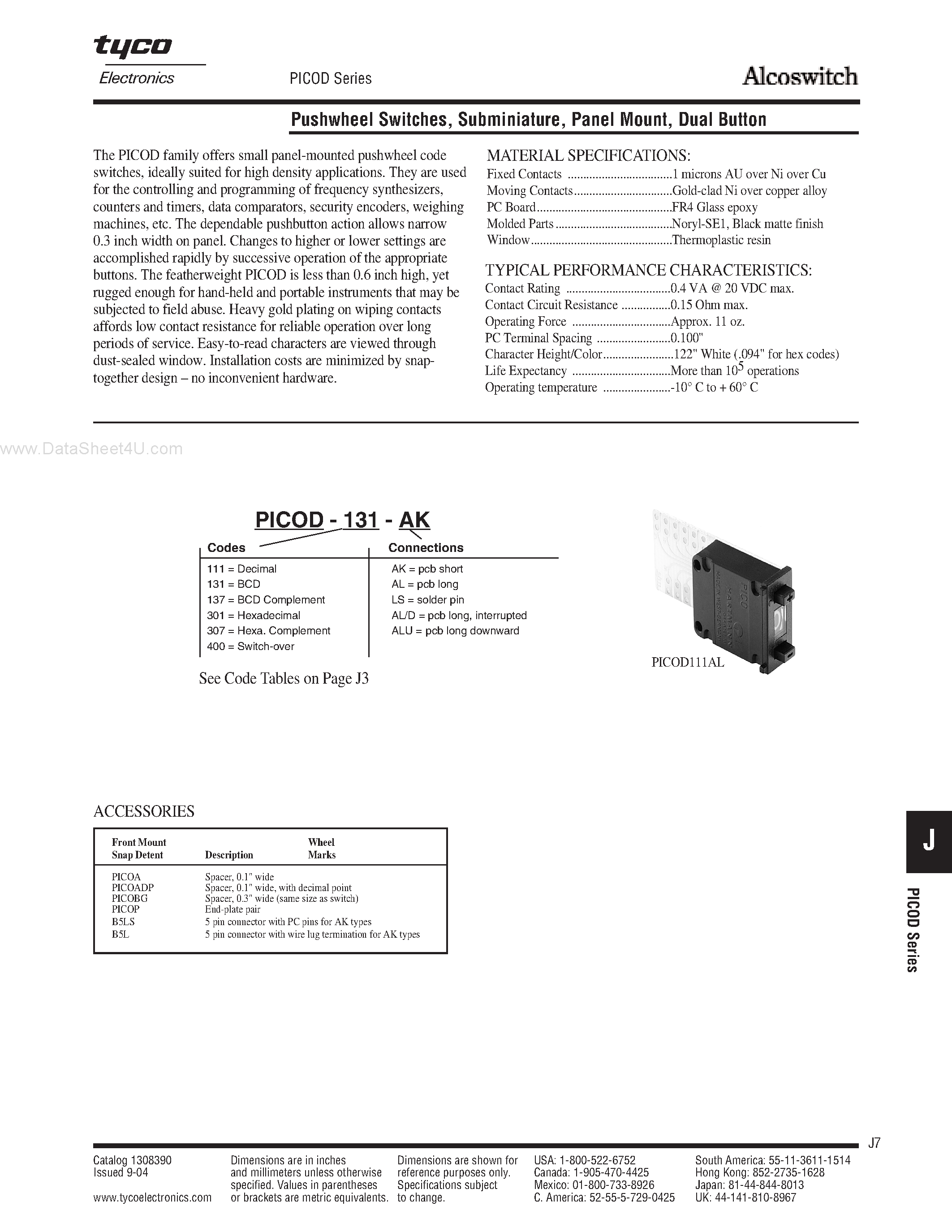 Даташит PICO-D-131-AK - Pushwheel Switches страница 1