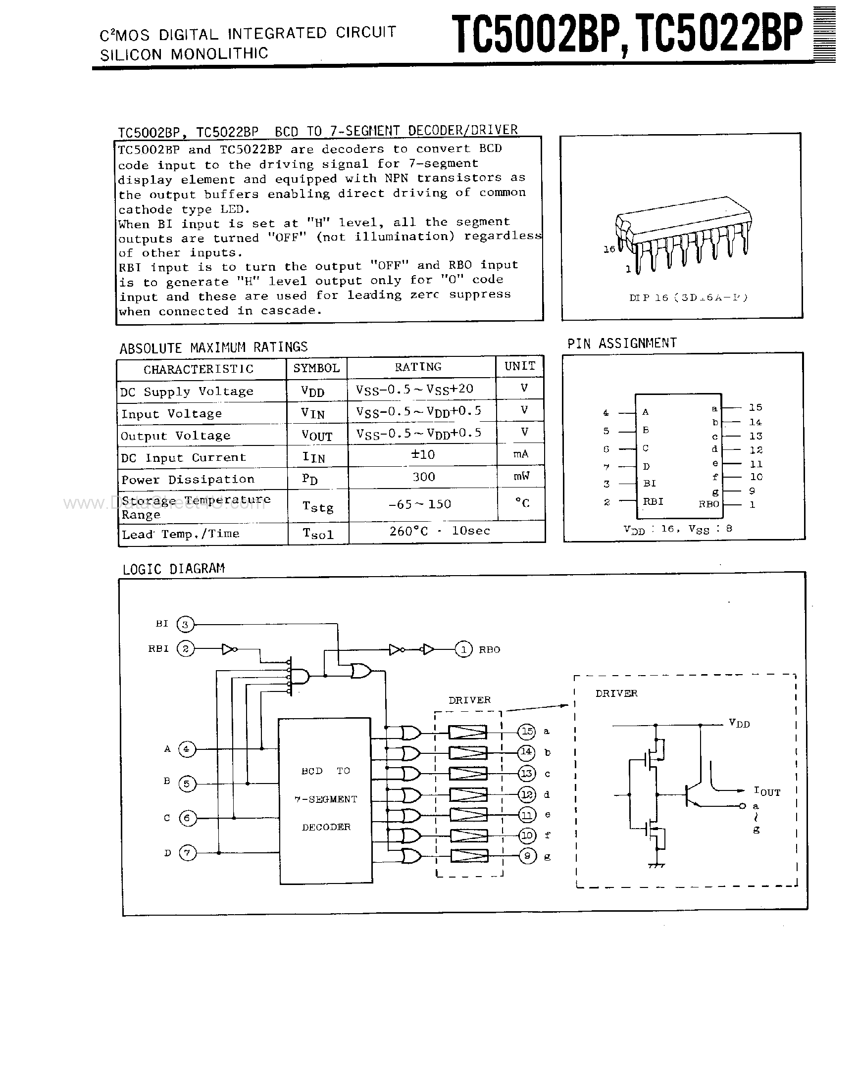 Datasheet TC5002BP - (TC5002BP / TC5022BP) C2MOS DIGITAL INTEGRATED CIRCUIT SILICON MONOLITHIC page 1
