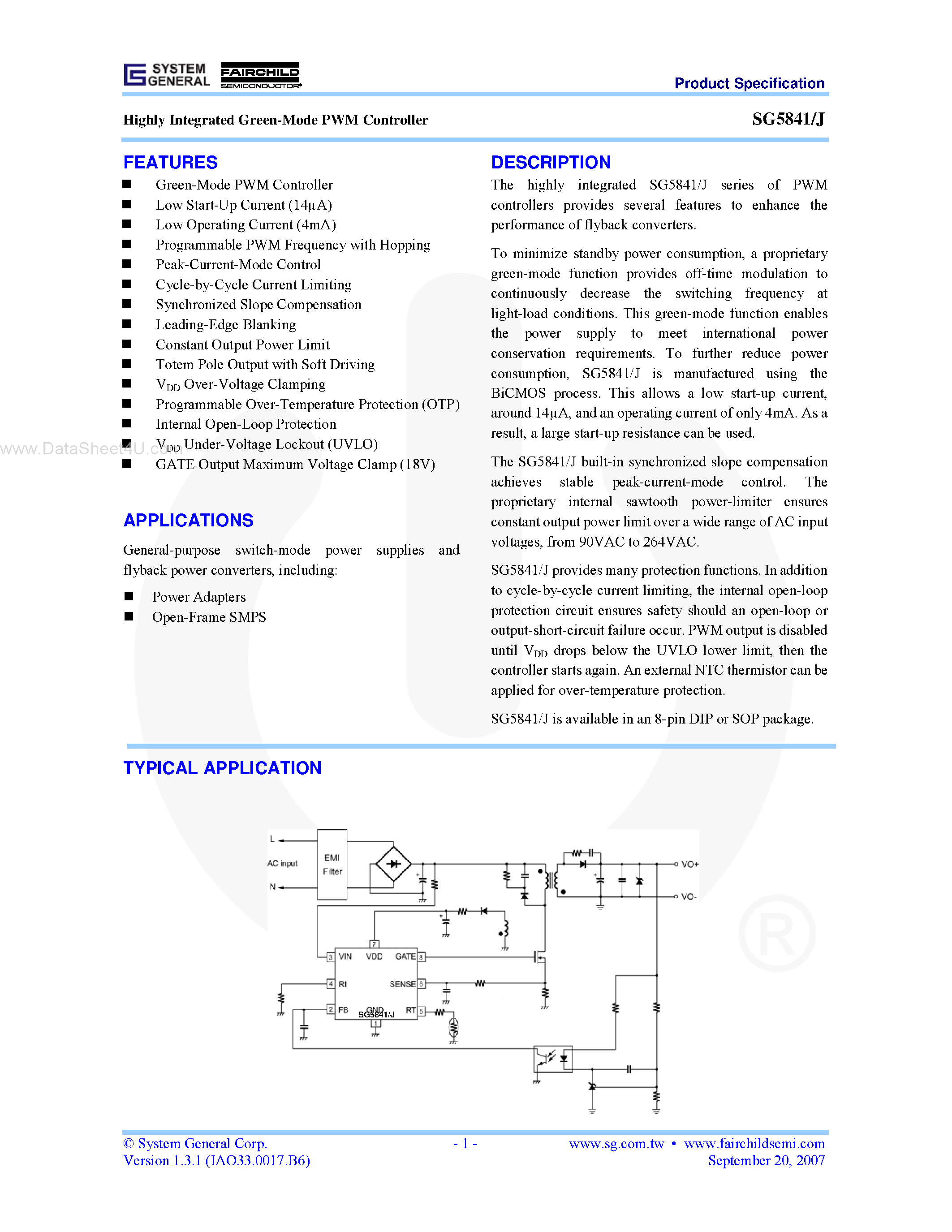 Datasheet SG5841 - Highly Integrated Green-Mode PWM Controller page 1