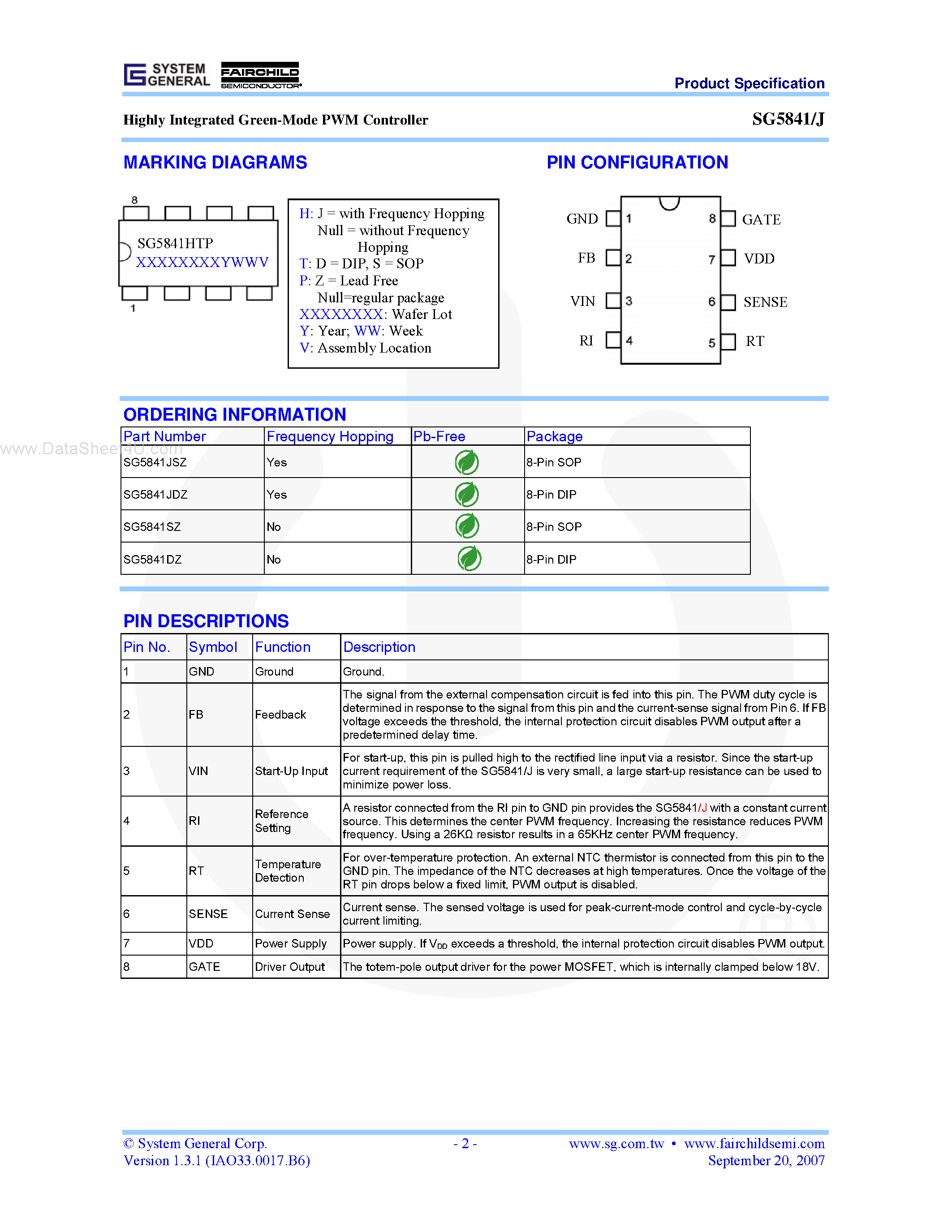 Datasheet SG5841 - Highly Integrated Green-Mode PWM Controller page 2