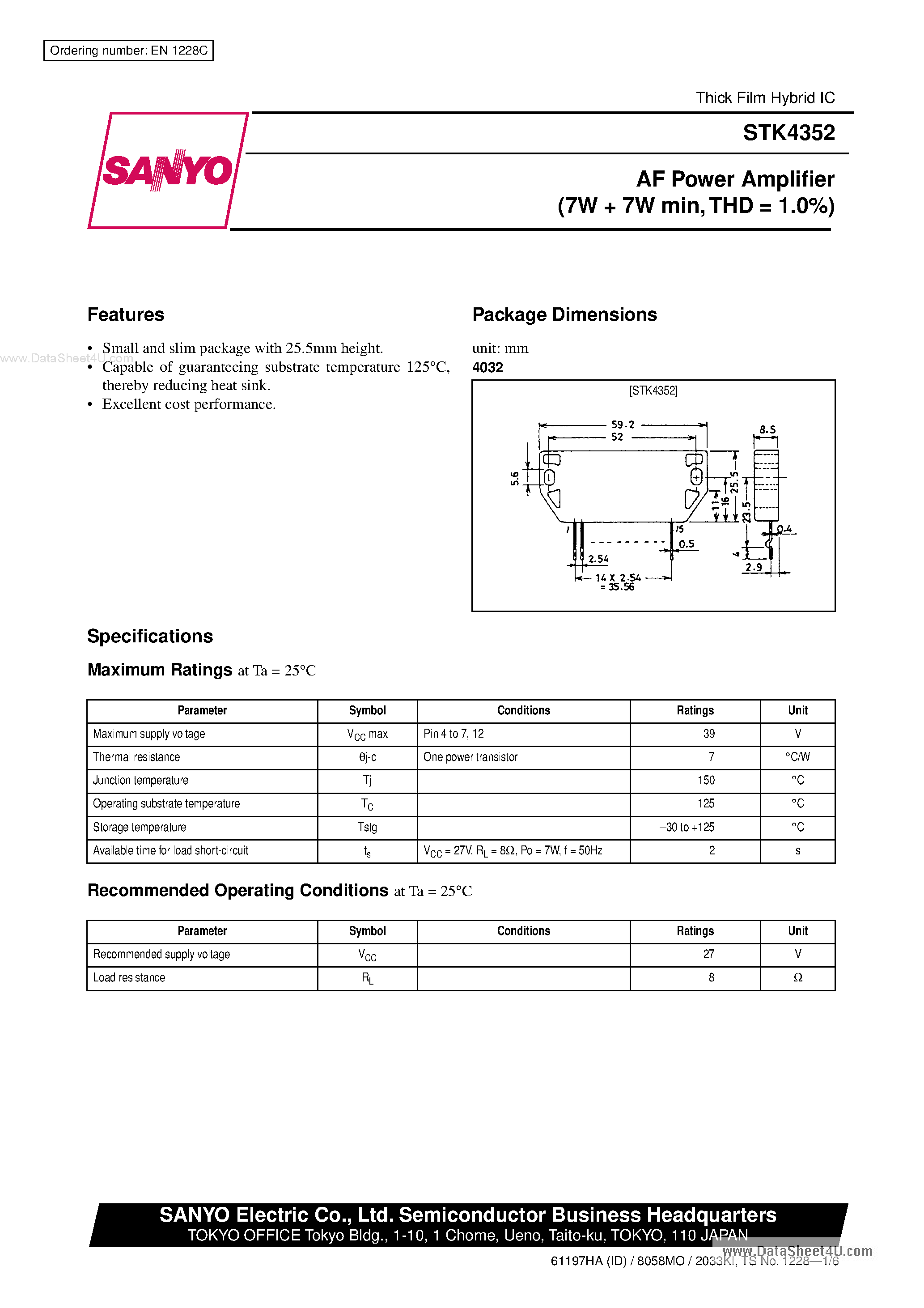 Datasheet STK4352 - AF Power Amplifier page 1