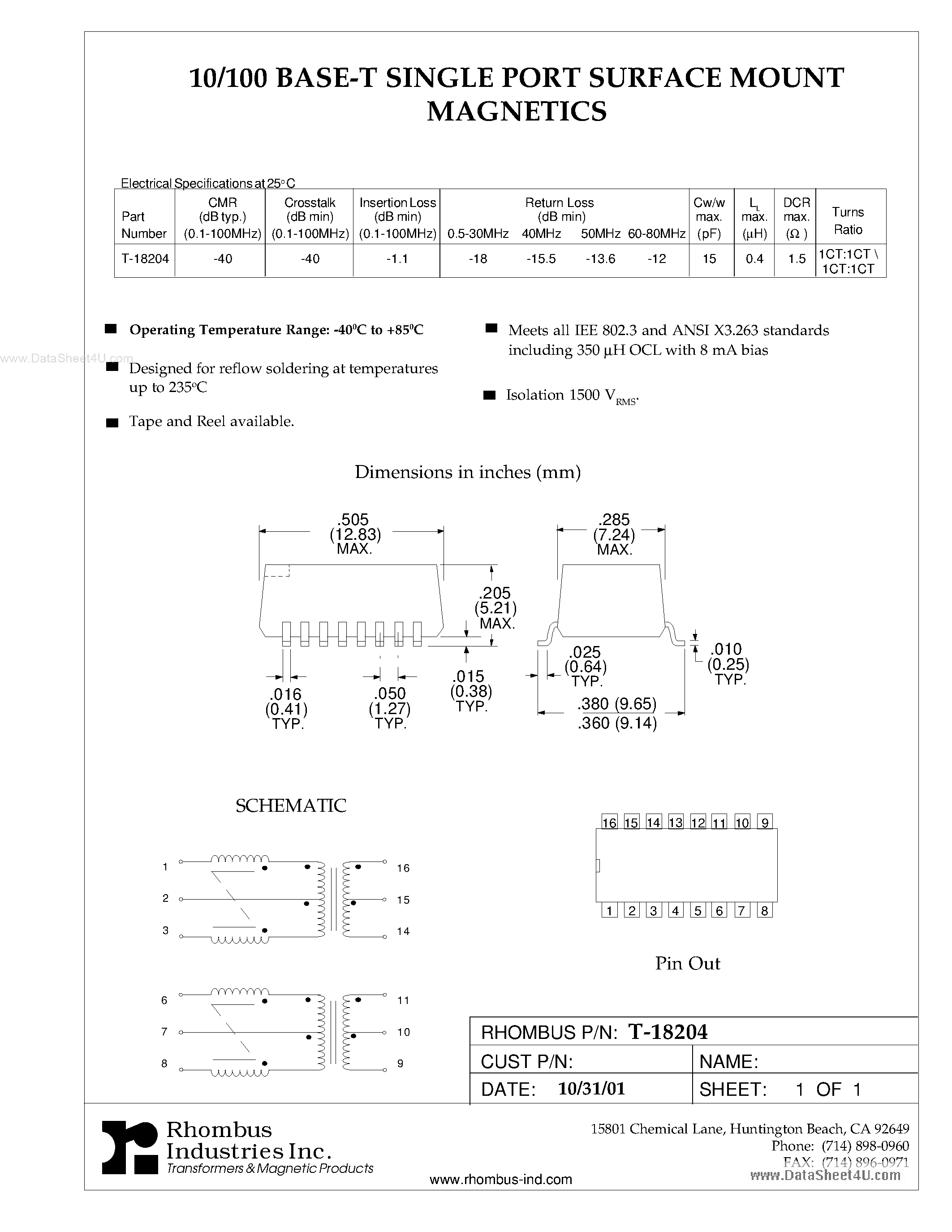 Datasheet T-18204 - 10/100 BASE-T SINGLE PORT SURFACE MOUNT MAGNETICS page 1
