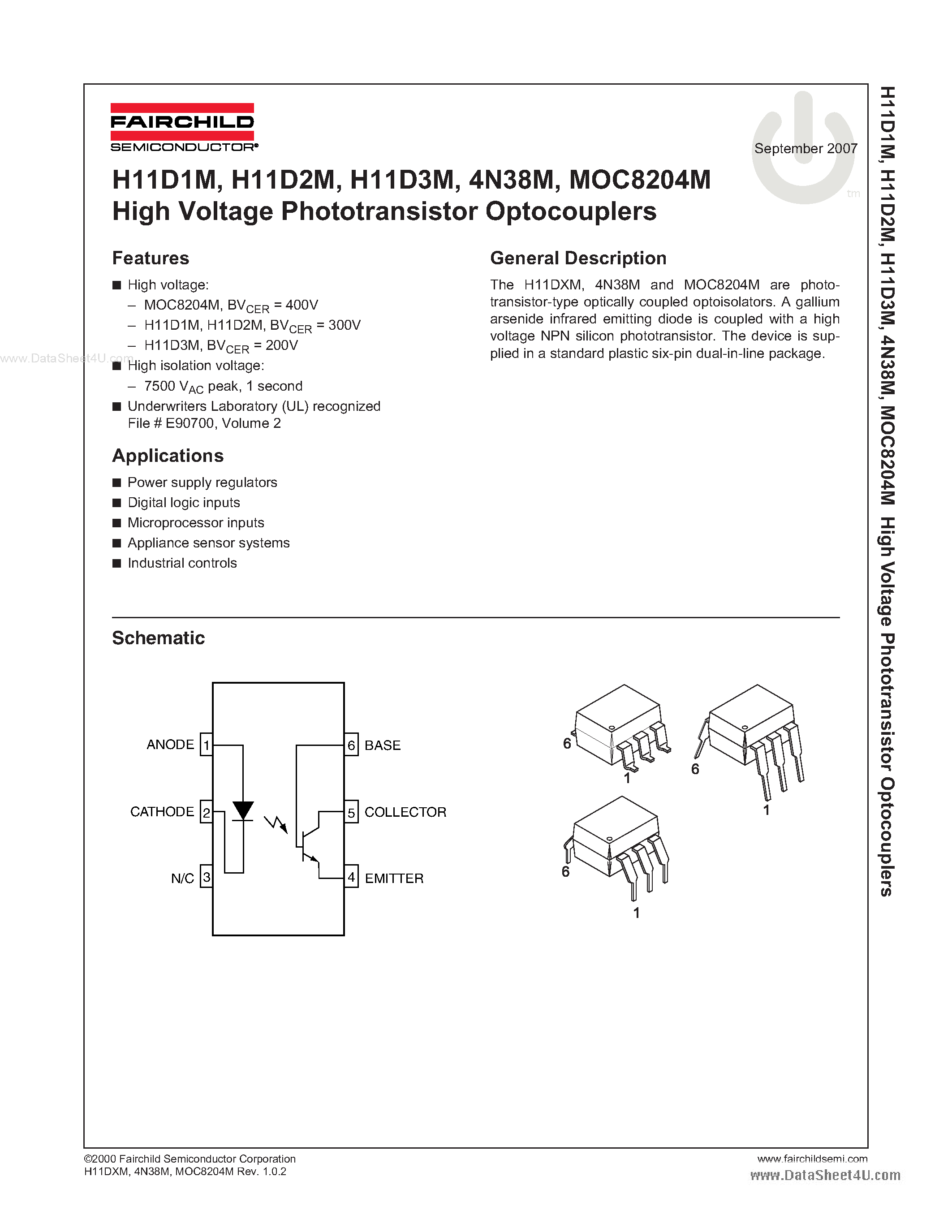 Даташит MOC8204M - High Voltage Phototransistor Optocouplers страница 1