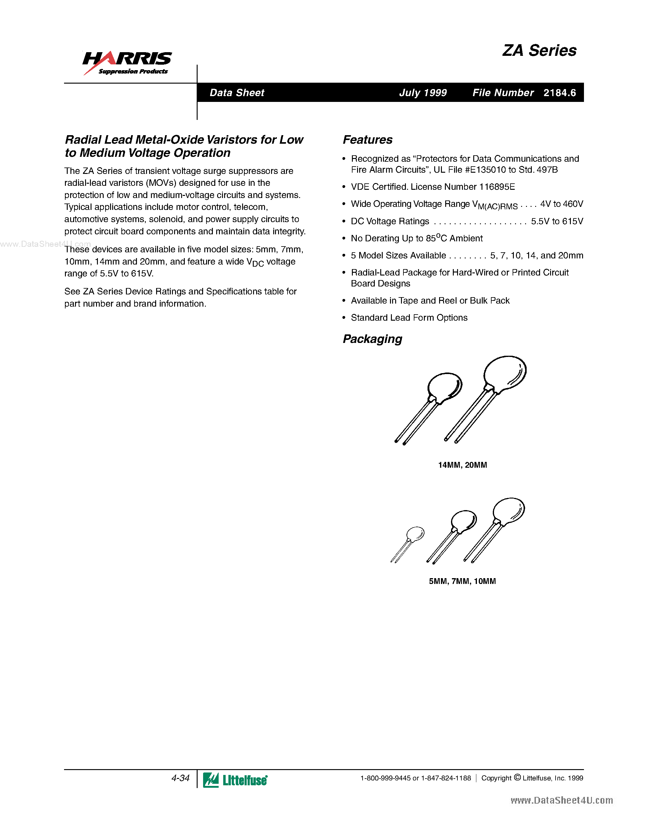 Даташит на микросхему V36ZA80 страница 1 Даташит V36ZA80 - Radial Lead Metal-Oxide Varistors страница 1