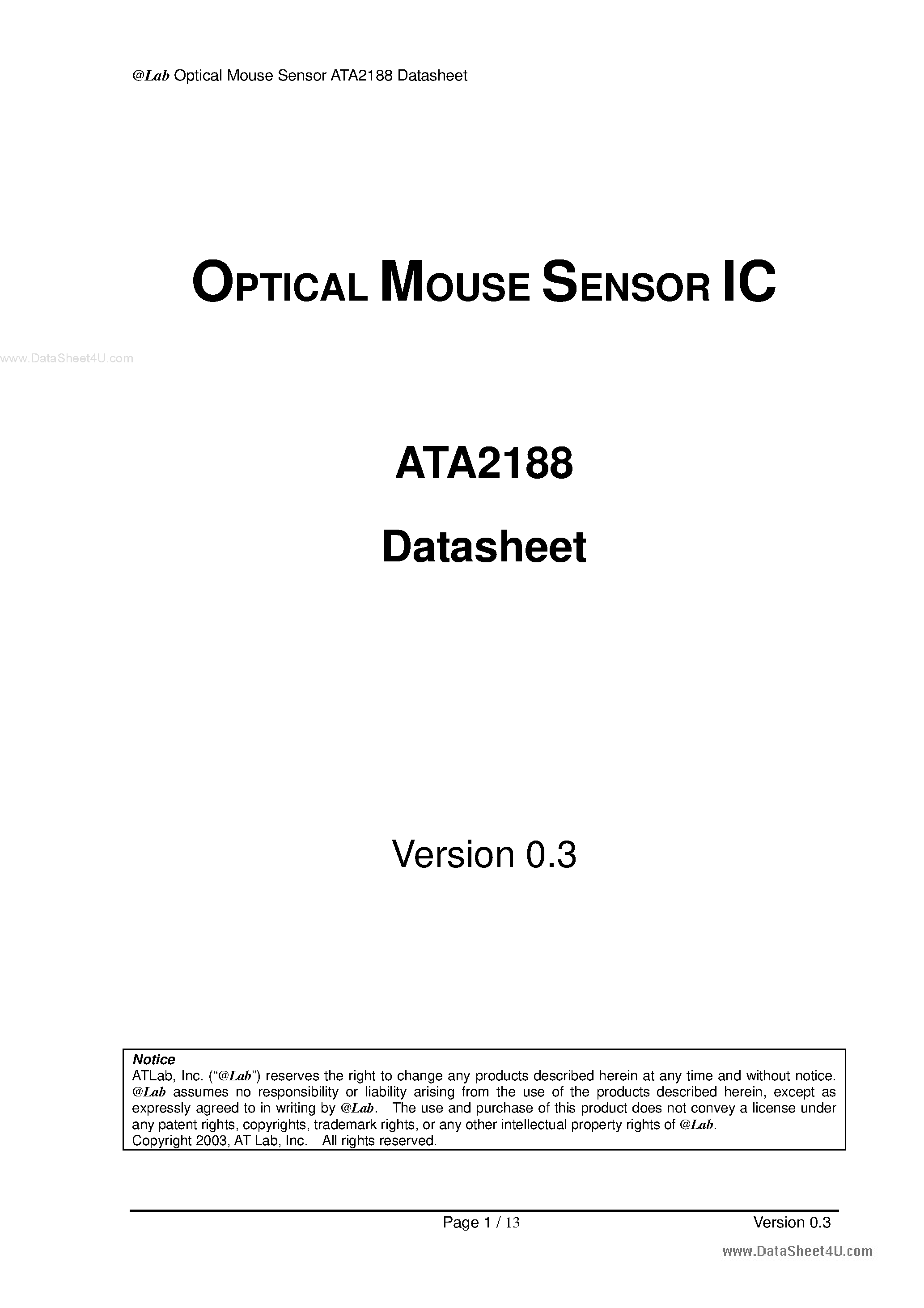 Даташит на микросхему ATA2188 страница 1 Даташит ATA2188 - Optical Mouse Sensor IC страница 1