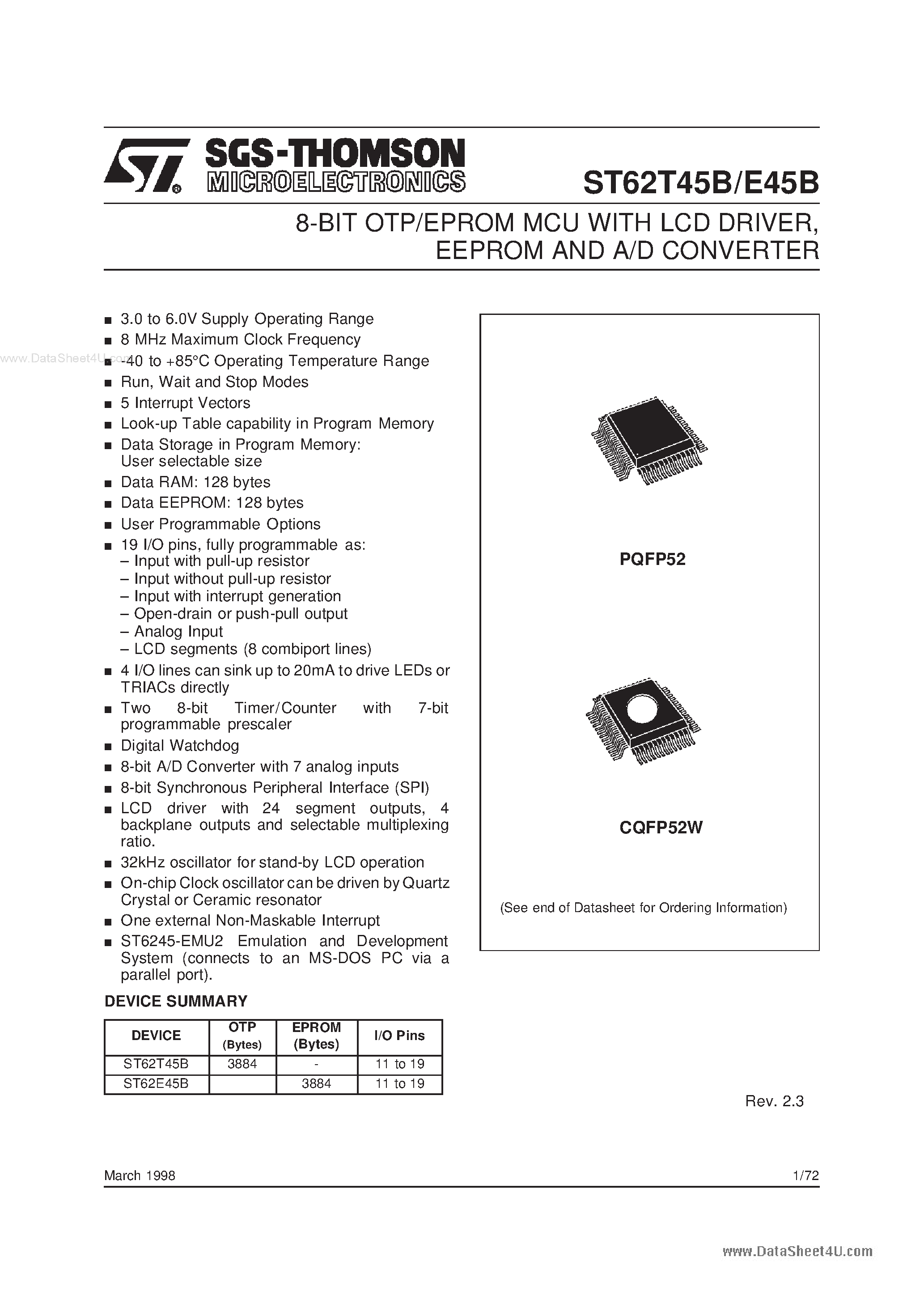 Datasheet ST62E45B - 8-BIT OTP/EPROM MCU page 1