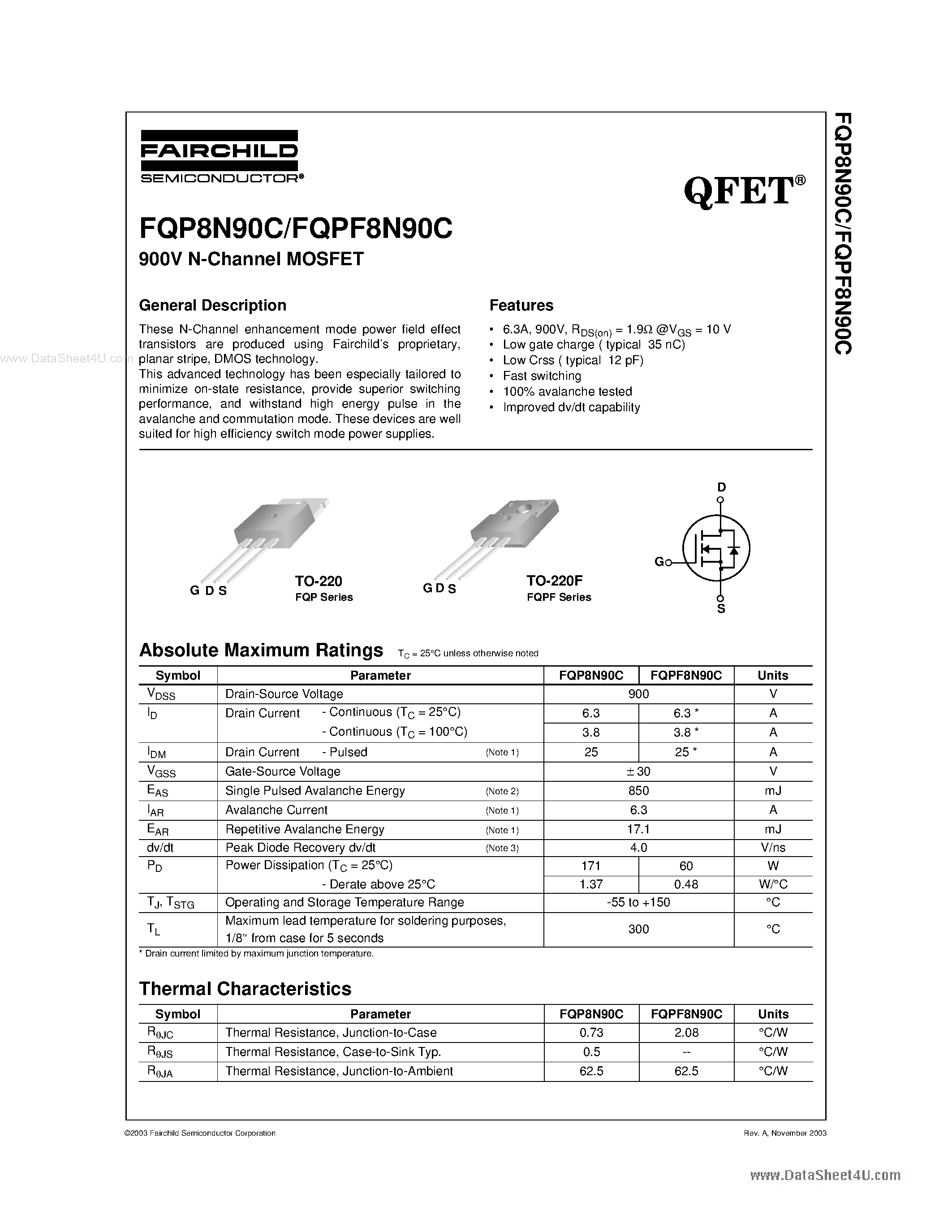Datasheet FQP8N90C - 900V N-Channel MOSFET page 1