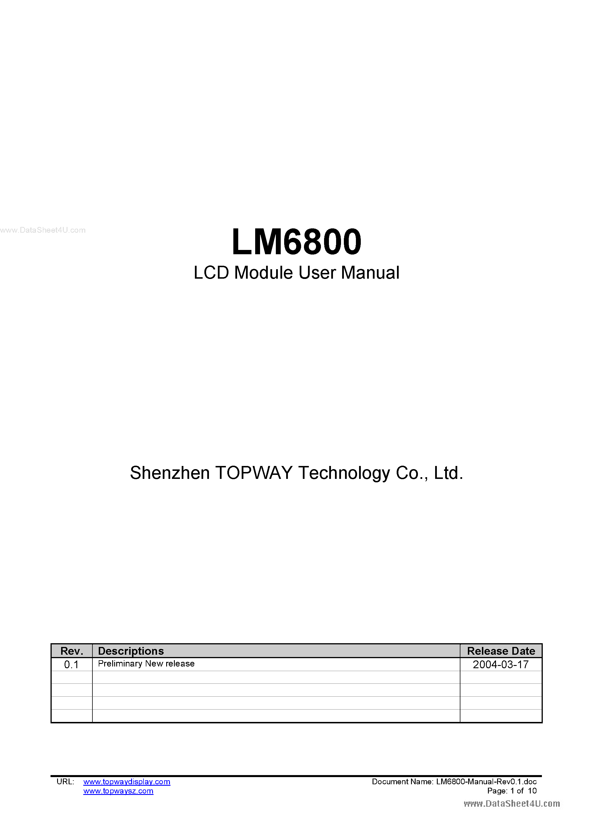 Даташит LM6800 - LCD Module страница 1