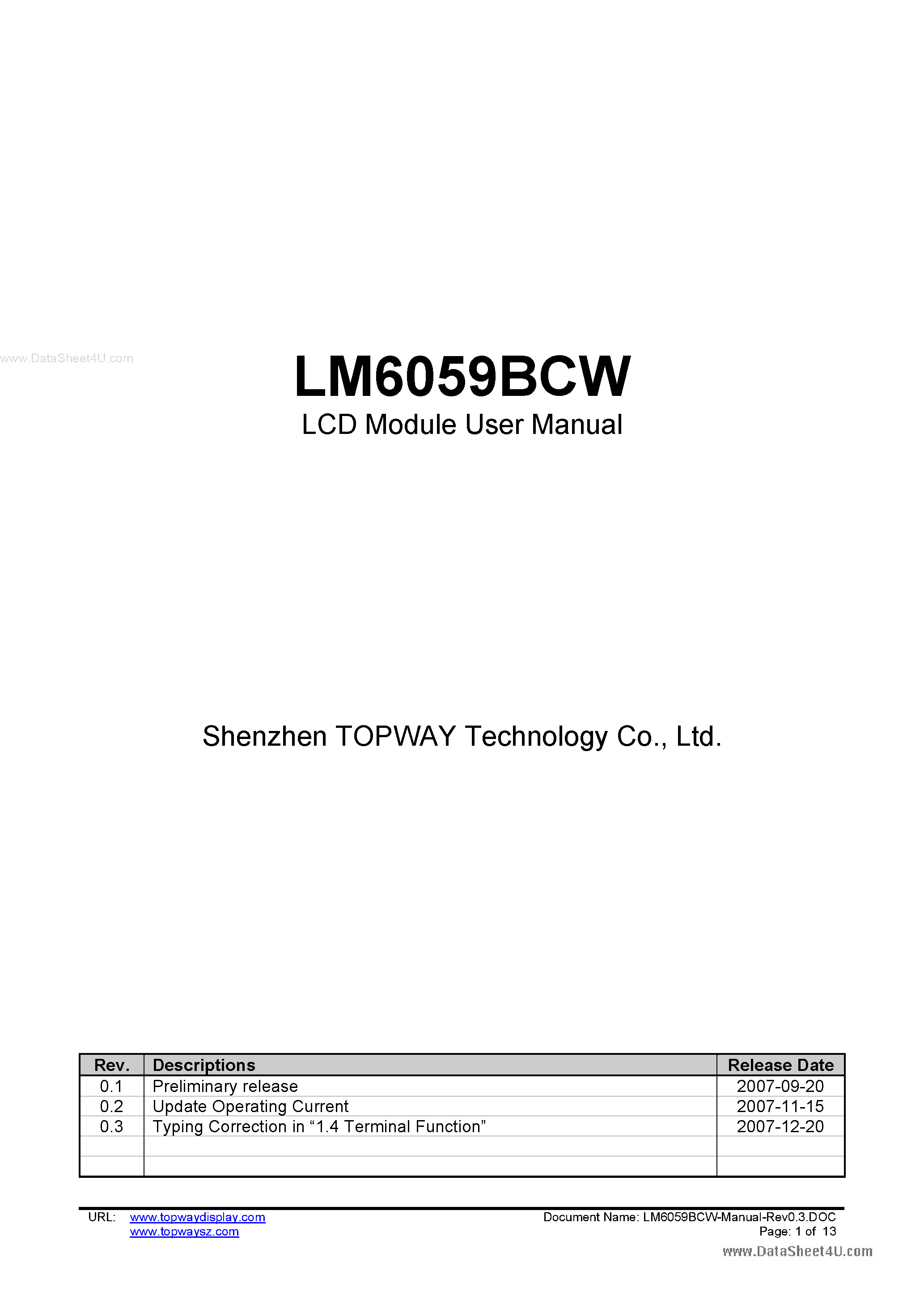 Даташит LM6059BCW - LCD Module страница 1