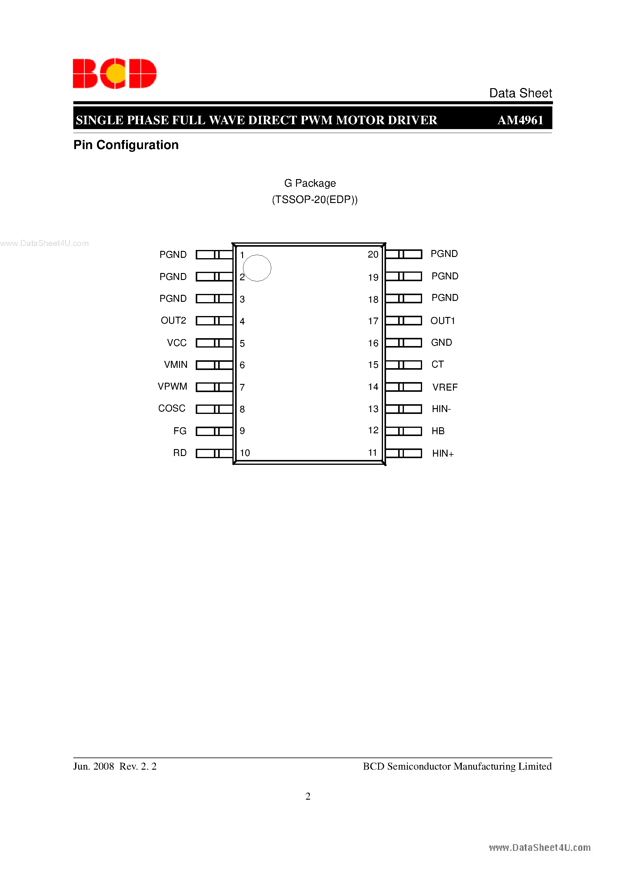 Datasheet AM4961 - SINGLE PHASE FULL WAVE DIRECT PWM MOTOR DRIVER page 2