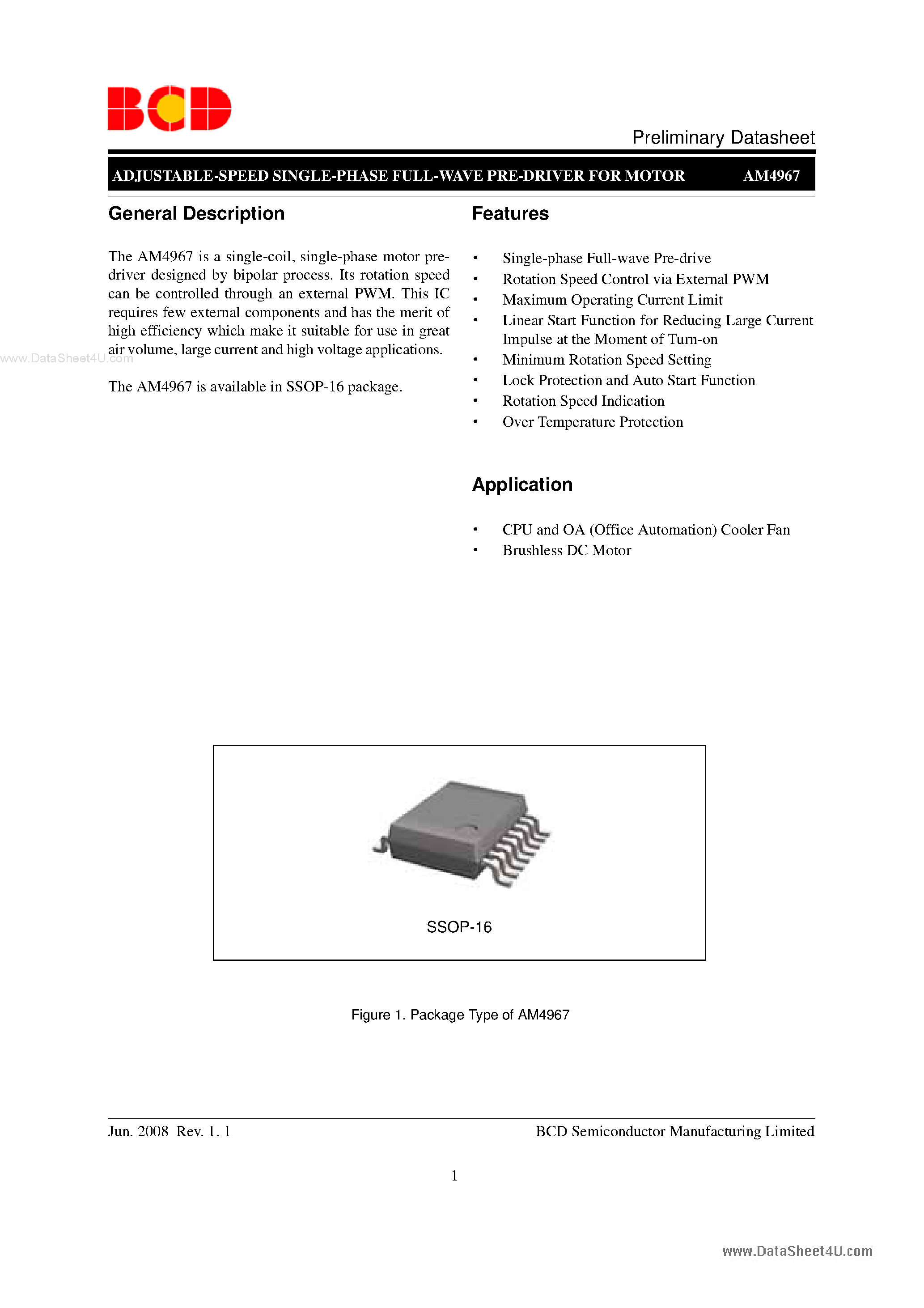 Datasheet AM4967 - ADJUSTABLE-SPEED SINGLE-PHASE FULL-WAVE PRE-DRIVER page 1
