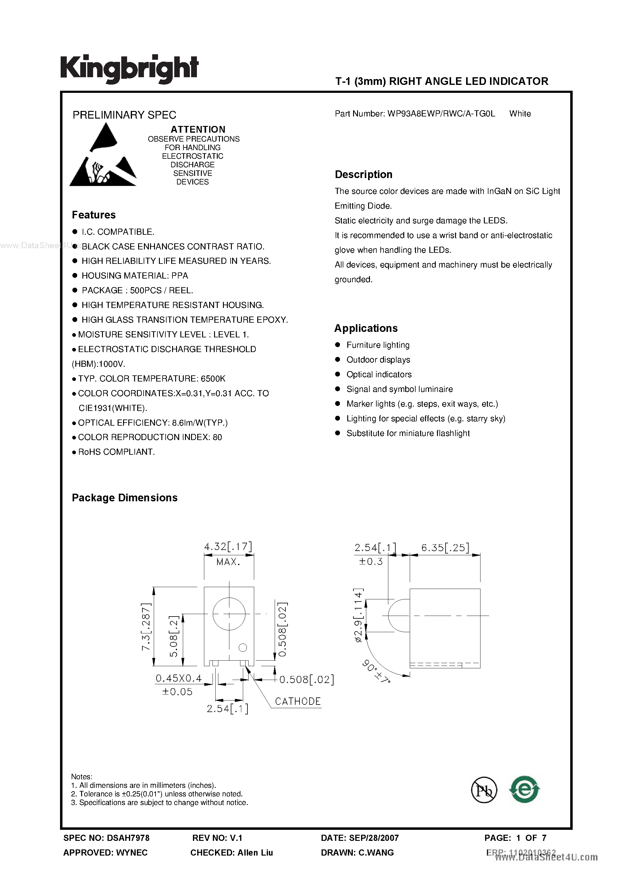 Datasheet WP93A8EWP - T-1 (3mm) RIGHT ANGLE LED INDICATOR page 1