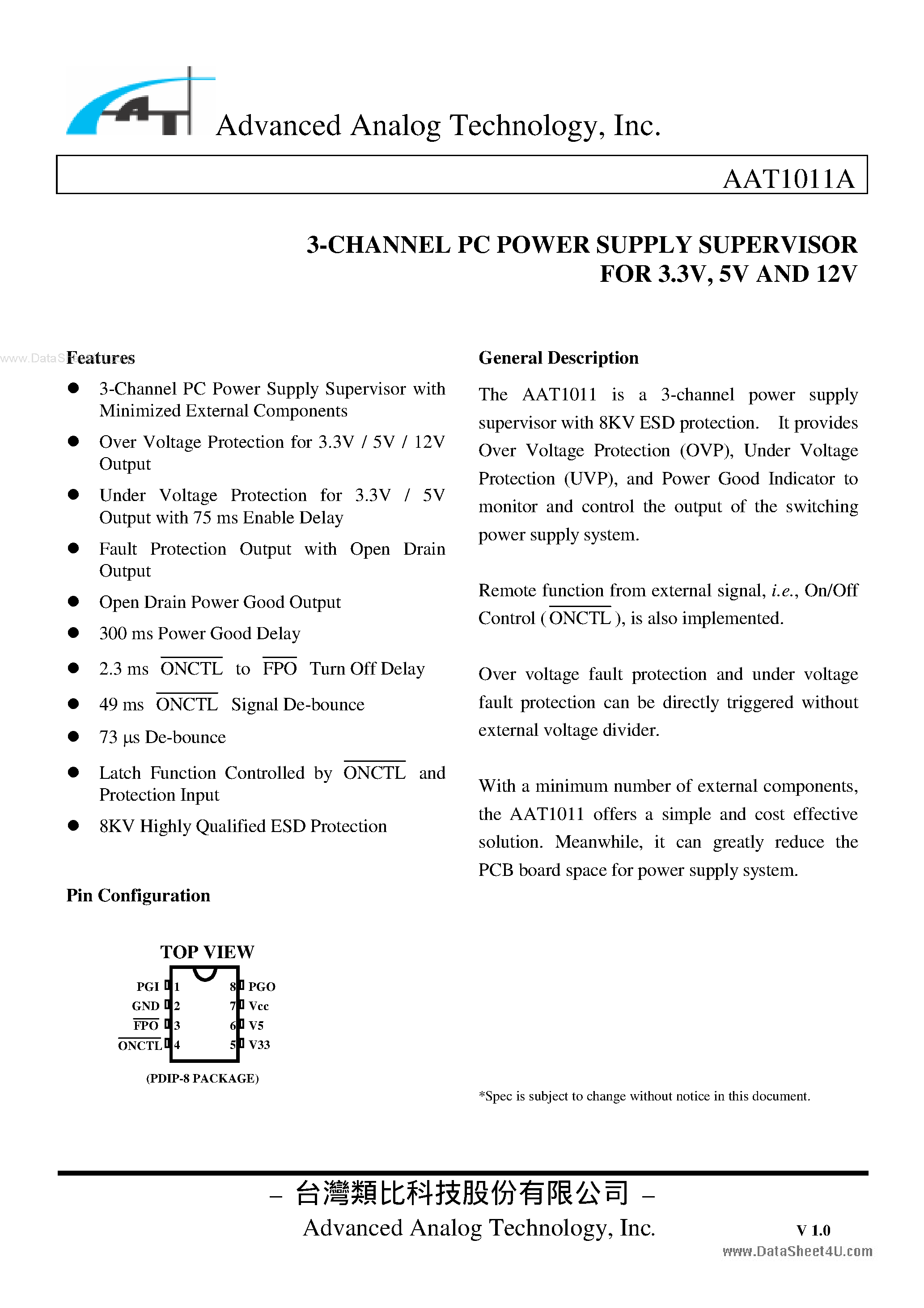Datasheet AAT1011A - 3-CHANNEL PC POWER SUPPLY SUPERVISOR page 1