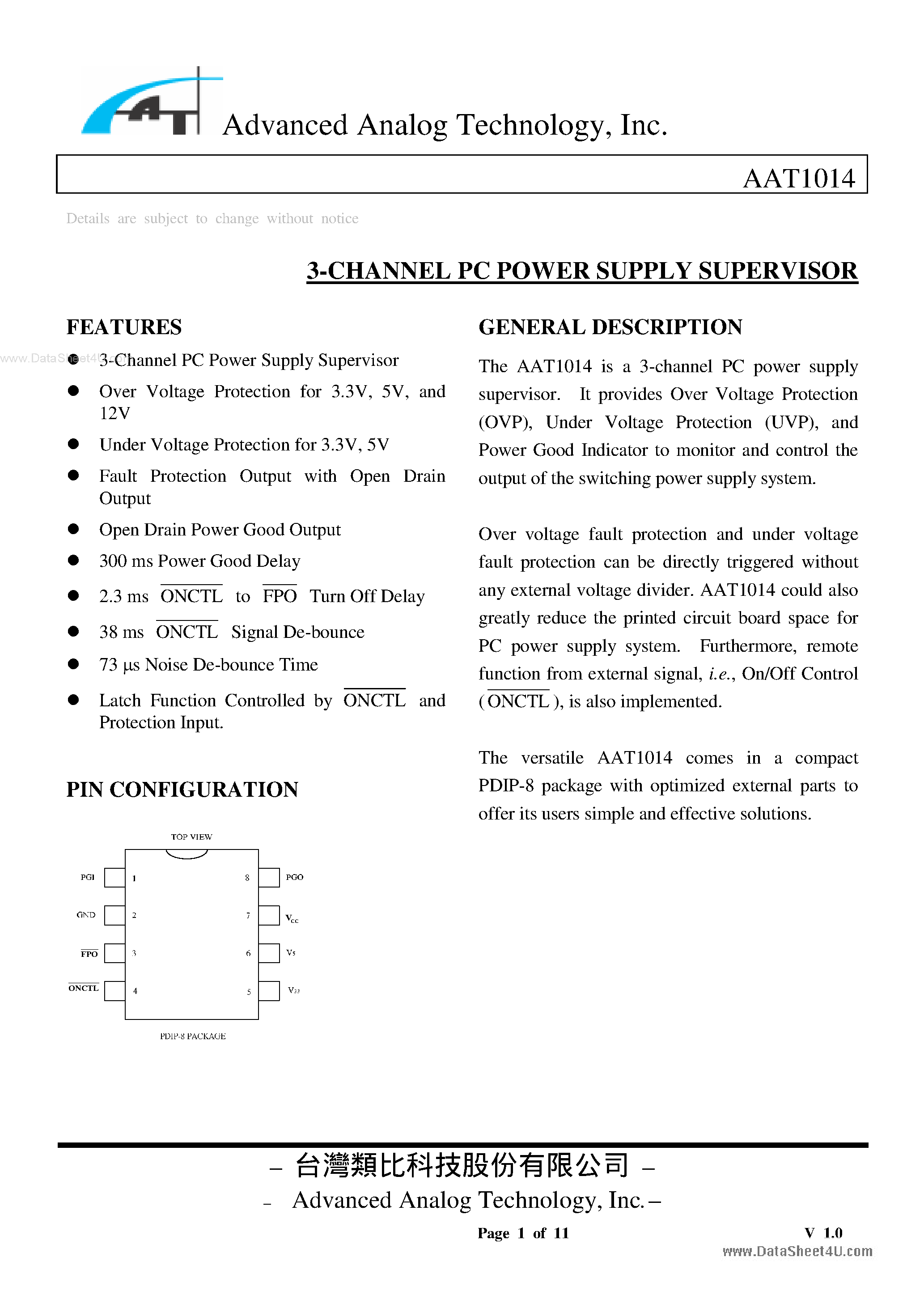 Datasheet AAT1014 - 3-CHANNEL PC POWER SUPPLY SUPERVISOR page 1