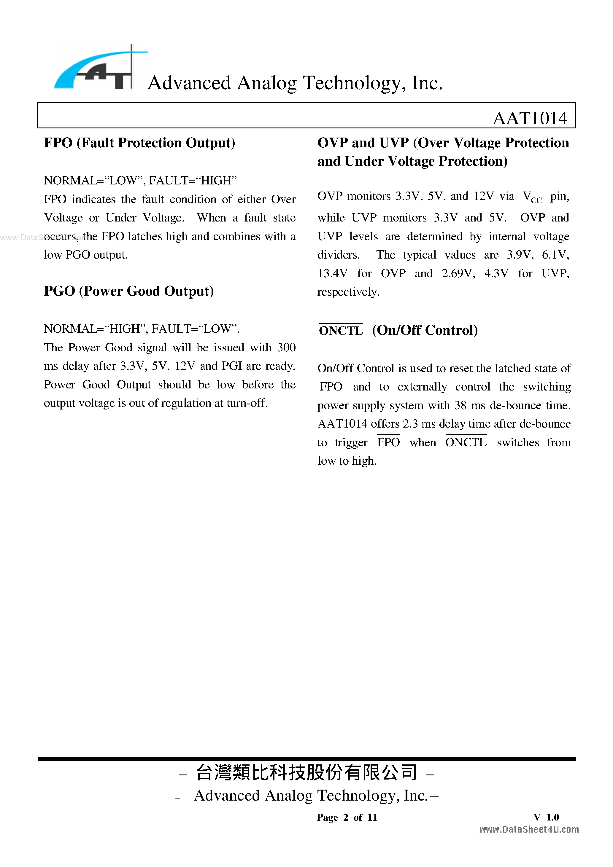 Datasheet AAT1014 - 3-CHANNEL PC POWER SUPPLY SUPERVISOR page 2