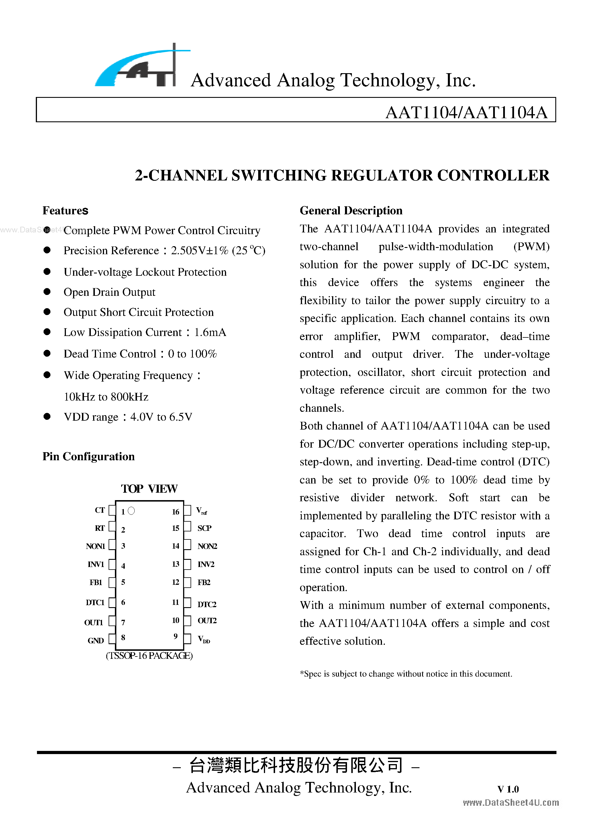Даташит AAT1104 - 2-CHANNEL SWITCHING REGULATOR CONTROLLER страница 1