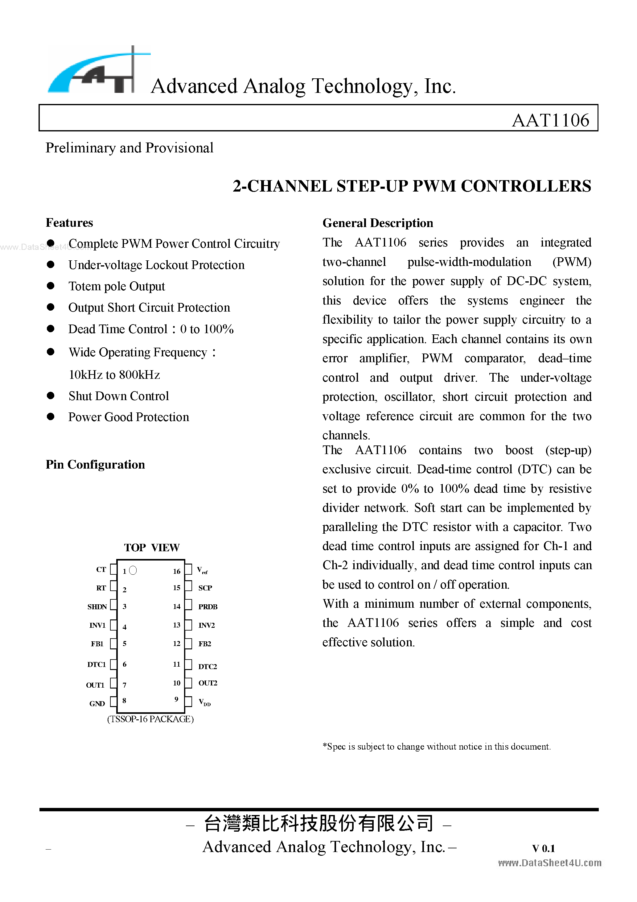 Datasheet AAT1106 - 2-CHANNEL STEP-UP PWM CONTROLLERS page 1