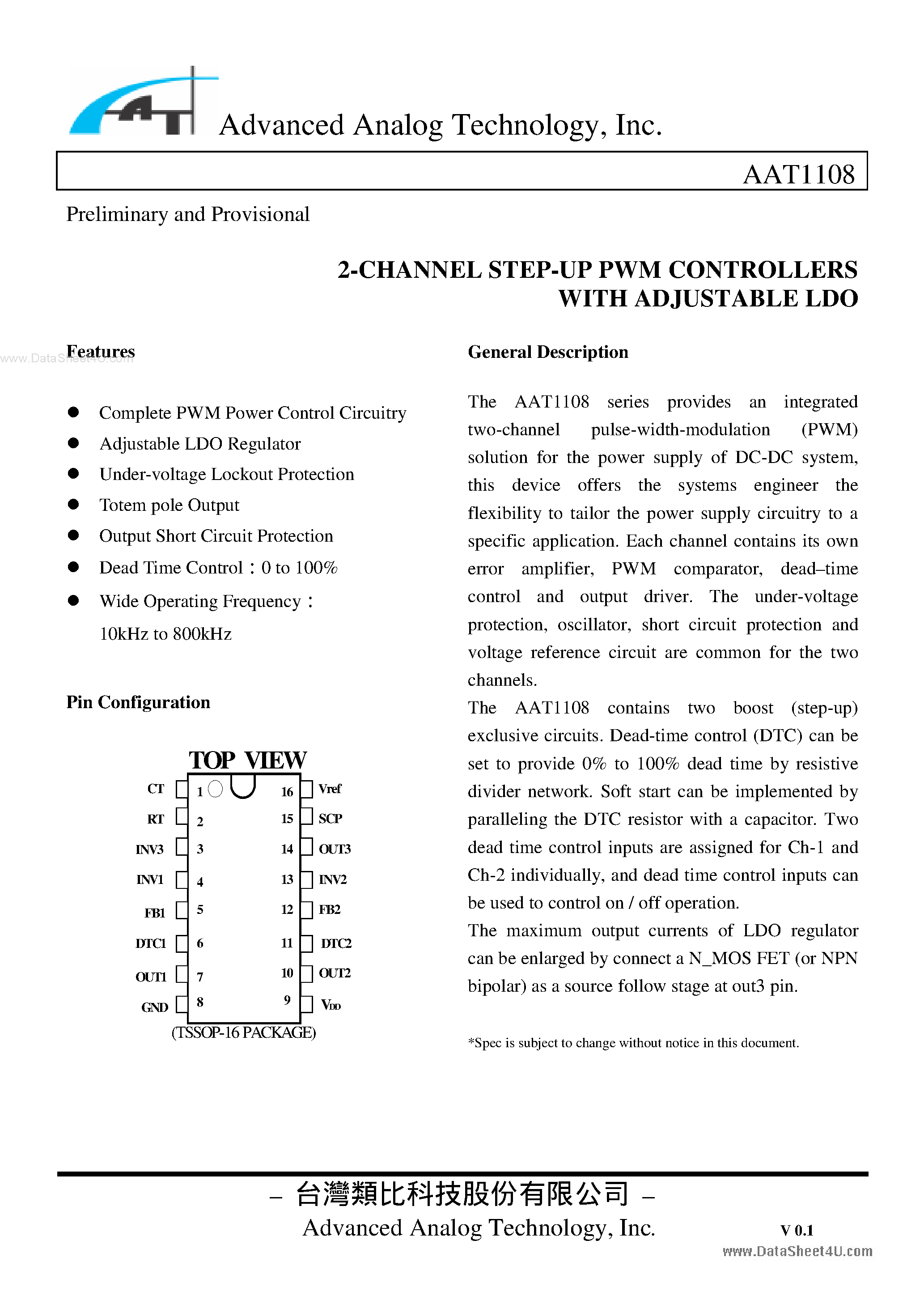 Datasheet AAT1108 - 2-CHANNEL STEP-UP PWM CONTROLLERS page 1