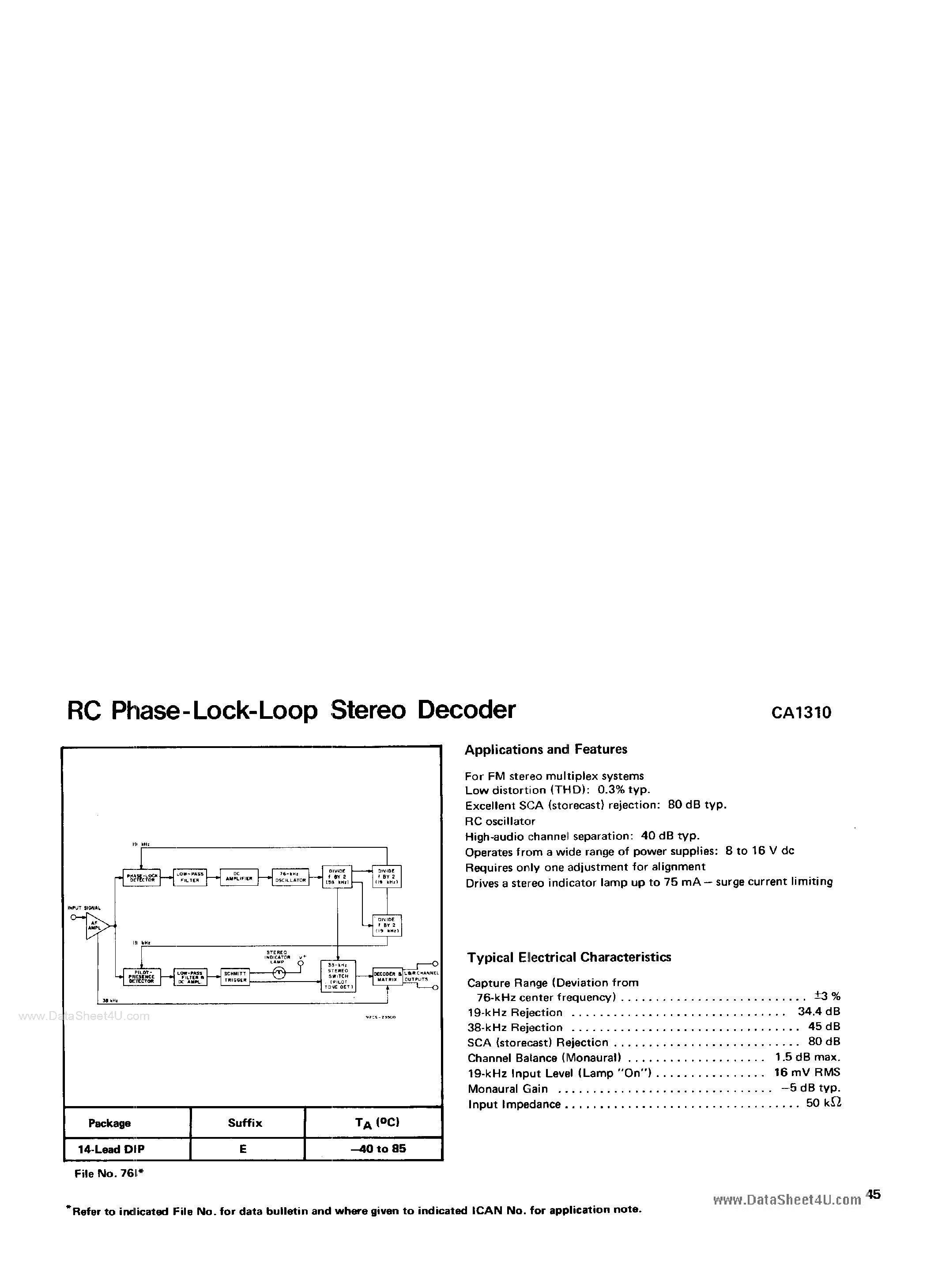 Даташит CA1310 - RC Phase Lock Loop Stereo Decoder страница 1