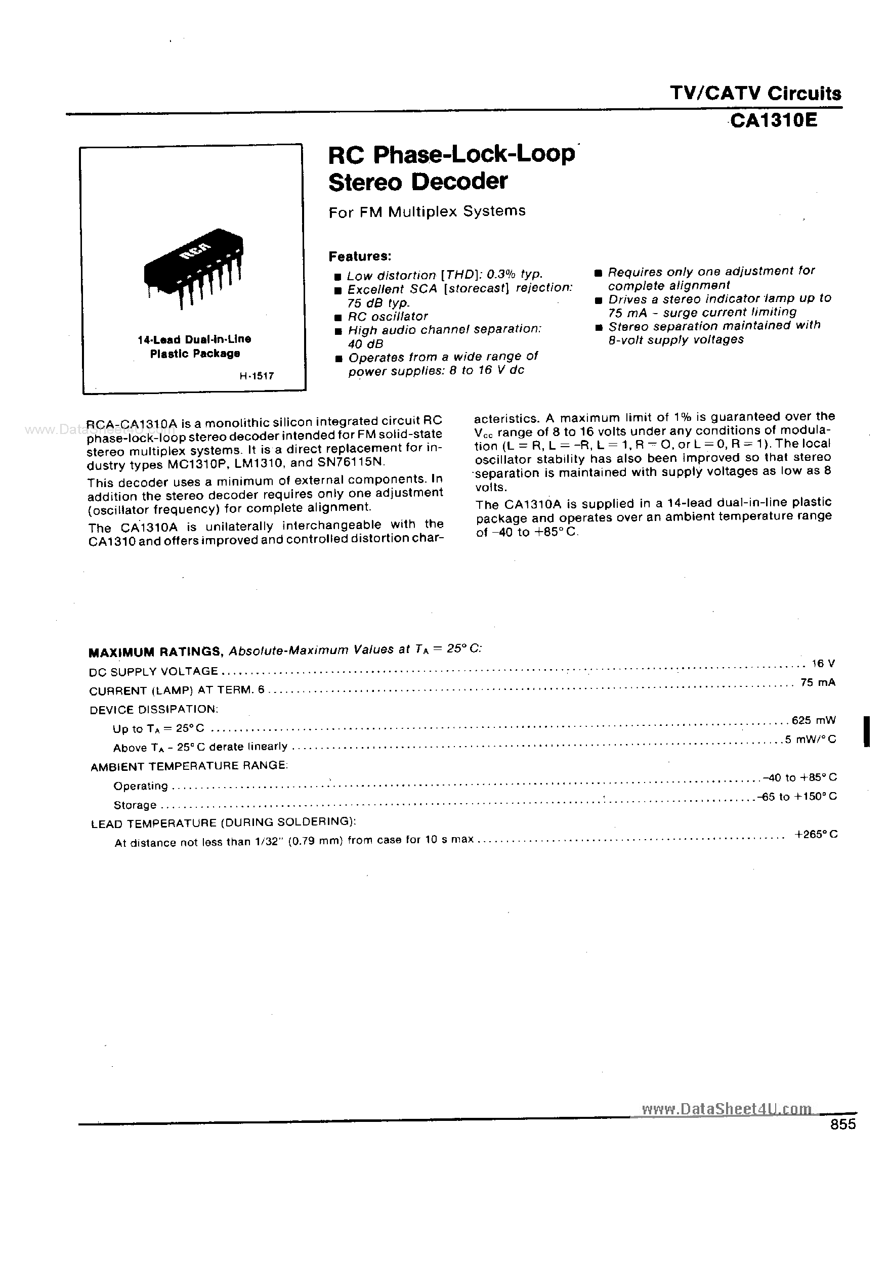 Даташит CA1310E - RC Phase Lock Loop Stereo Decoder страница 1