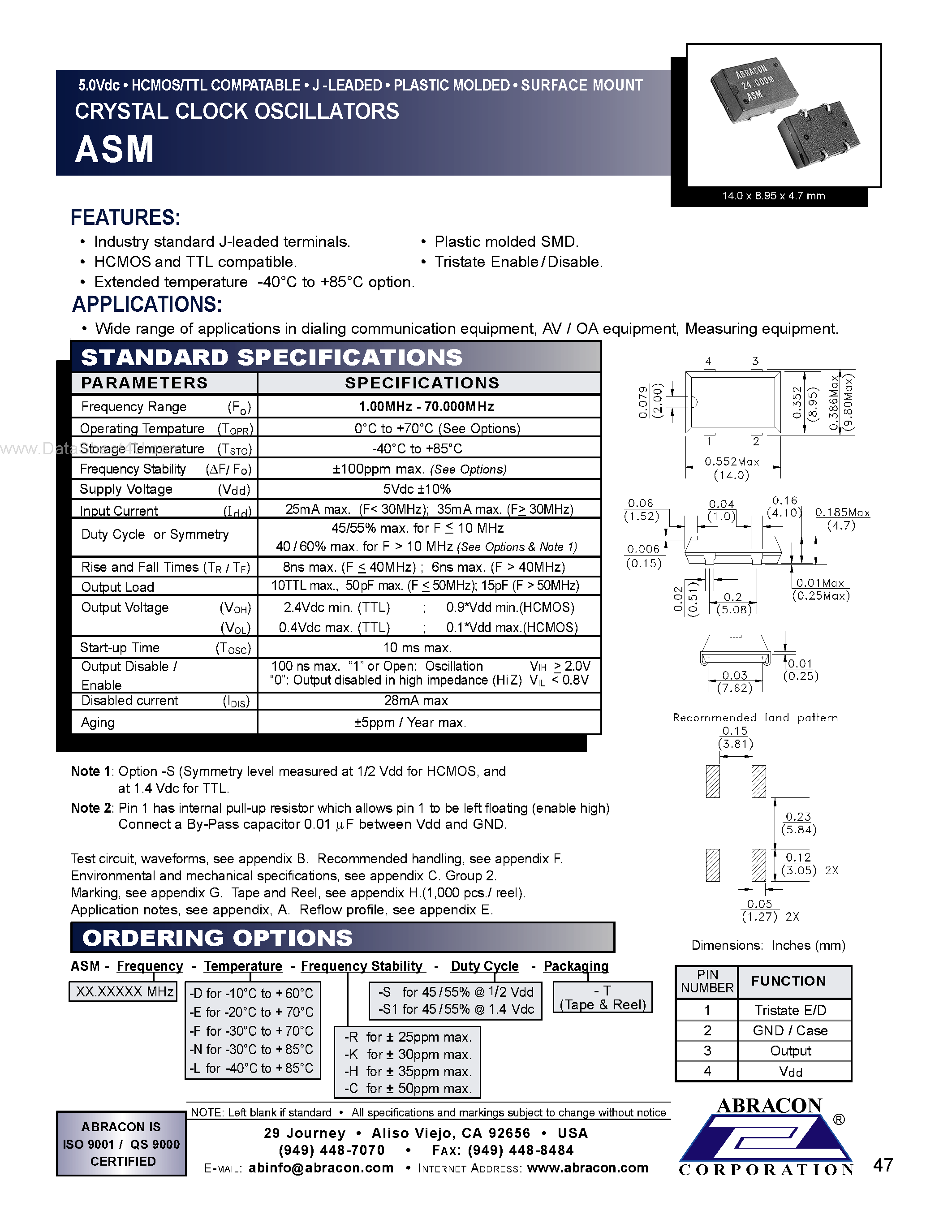 Даташит ASM-7.3728MHZ-E - Crystal Clock Oscillators страница 1