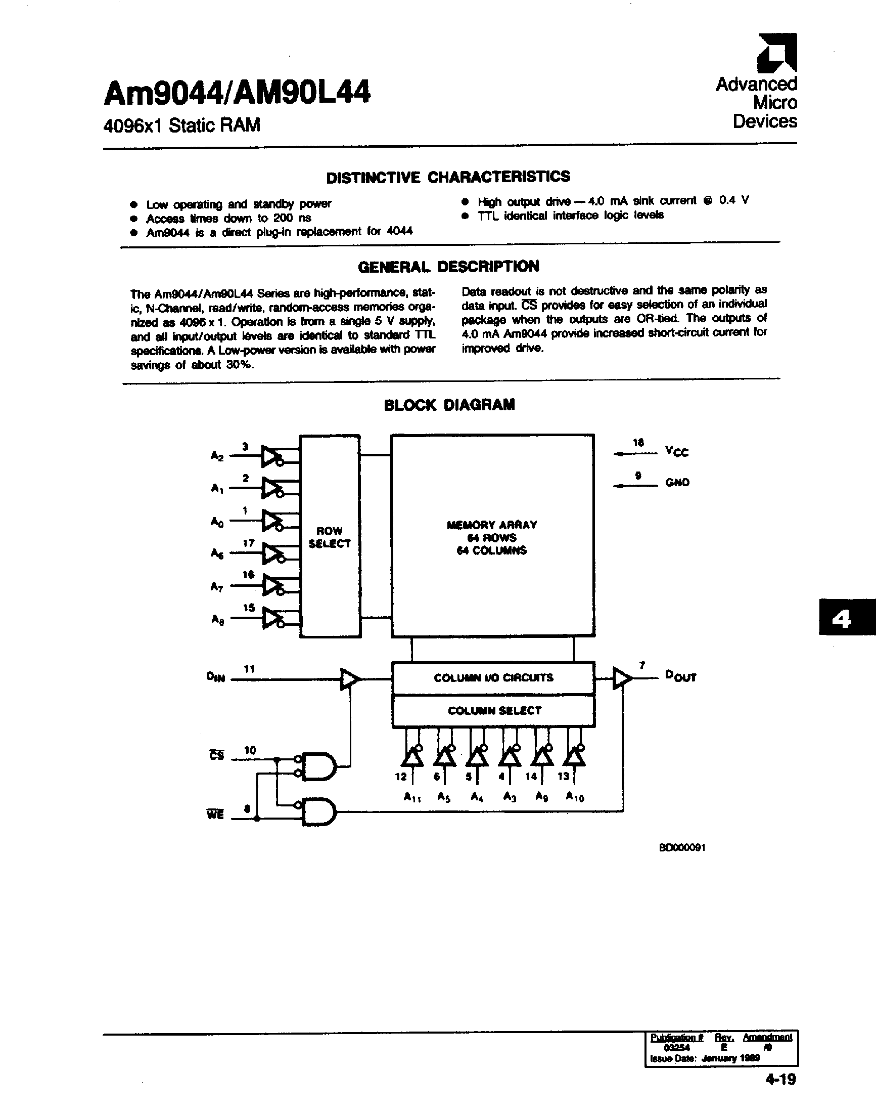Datasheet AM9044 - 4096 x 1 Static RAM page 1