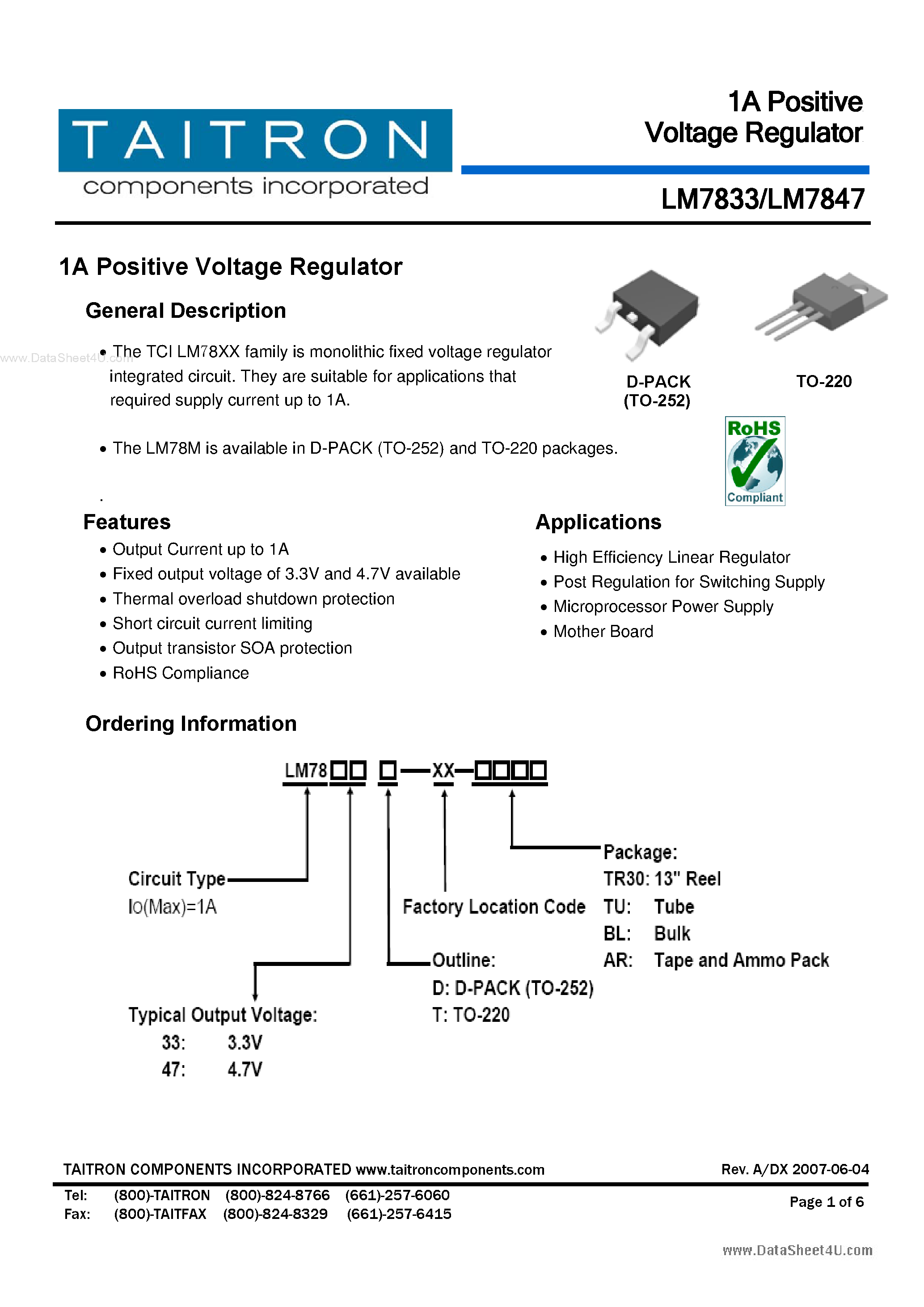 Даташит LM7833 - (LM7833 / LM7847) 1A Positive Voltage Regulator страница 1