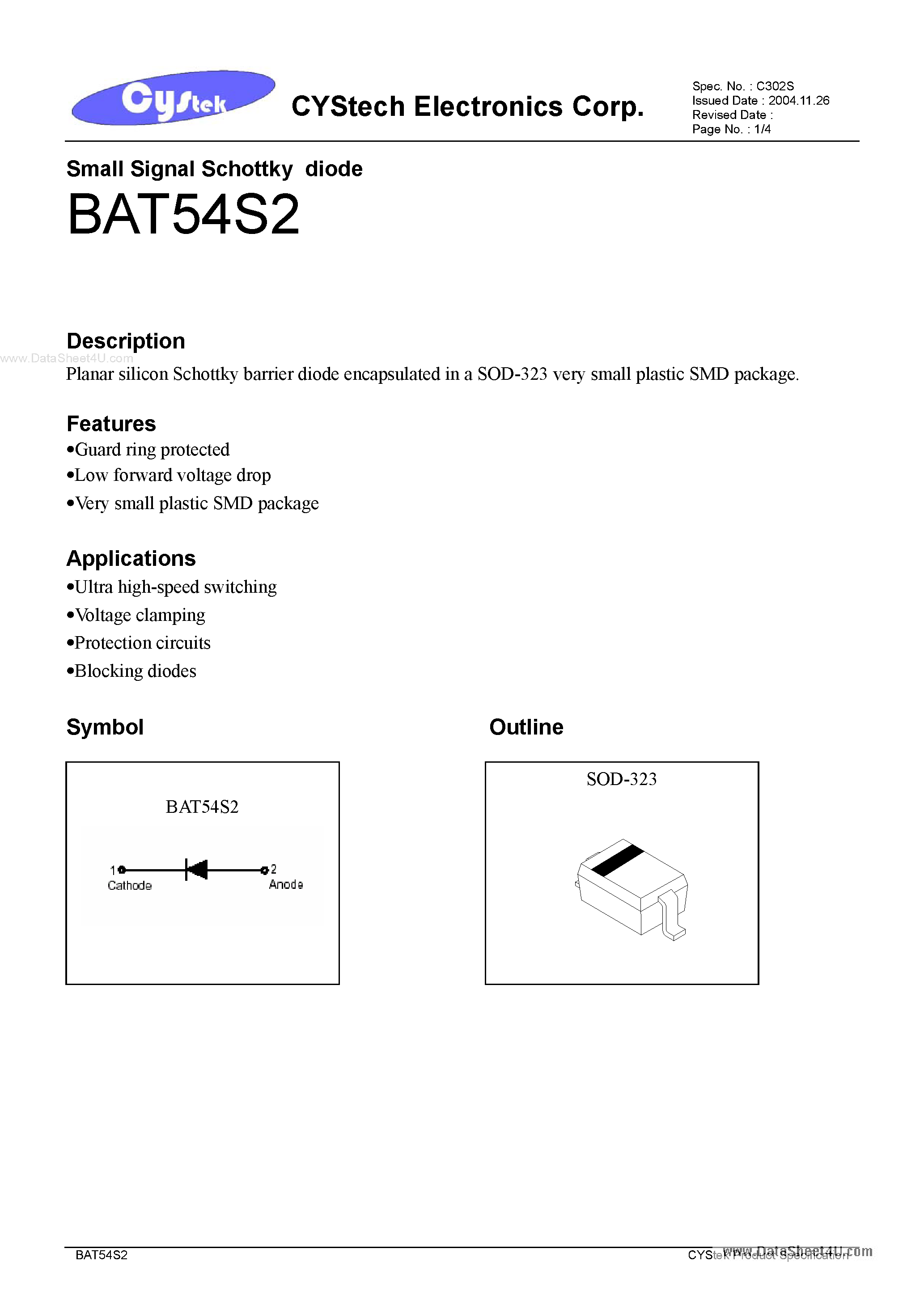 Datasheet BTA54S2 - Small Signal Schottky diode page 1