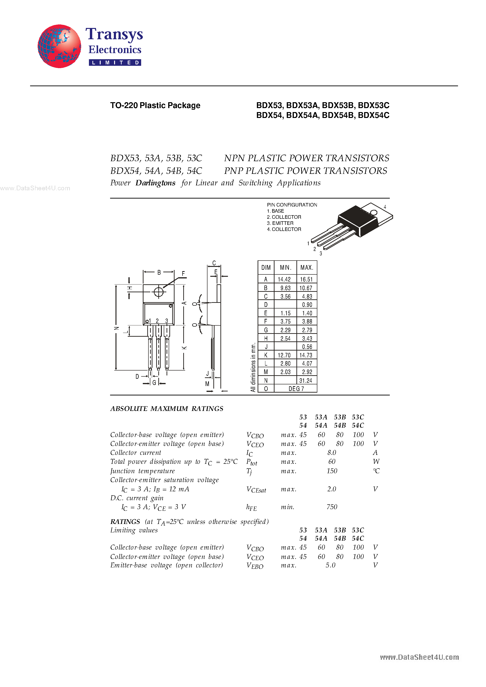 Datasheet BDX53 - (BDX5xx) NPN PLASTIC POWER TRANSISTORS page 1