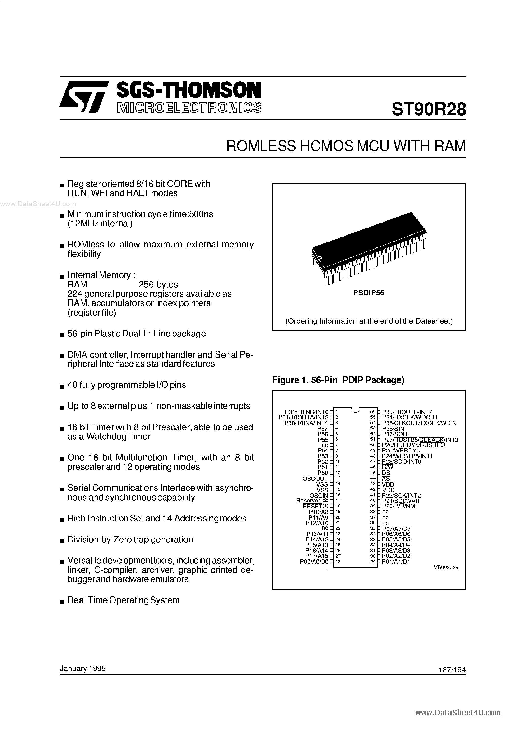 Datasheet ST90R28 - ROMLESS HCMOS MCU page 1