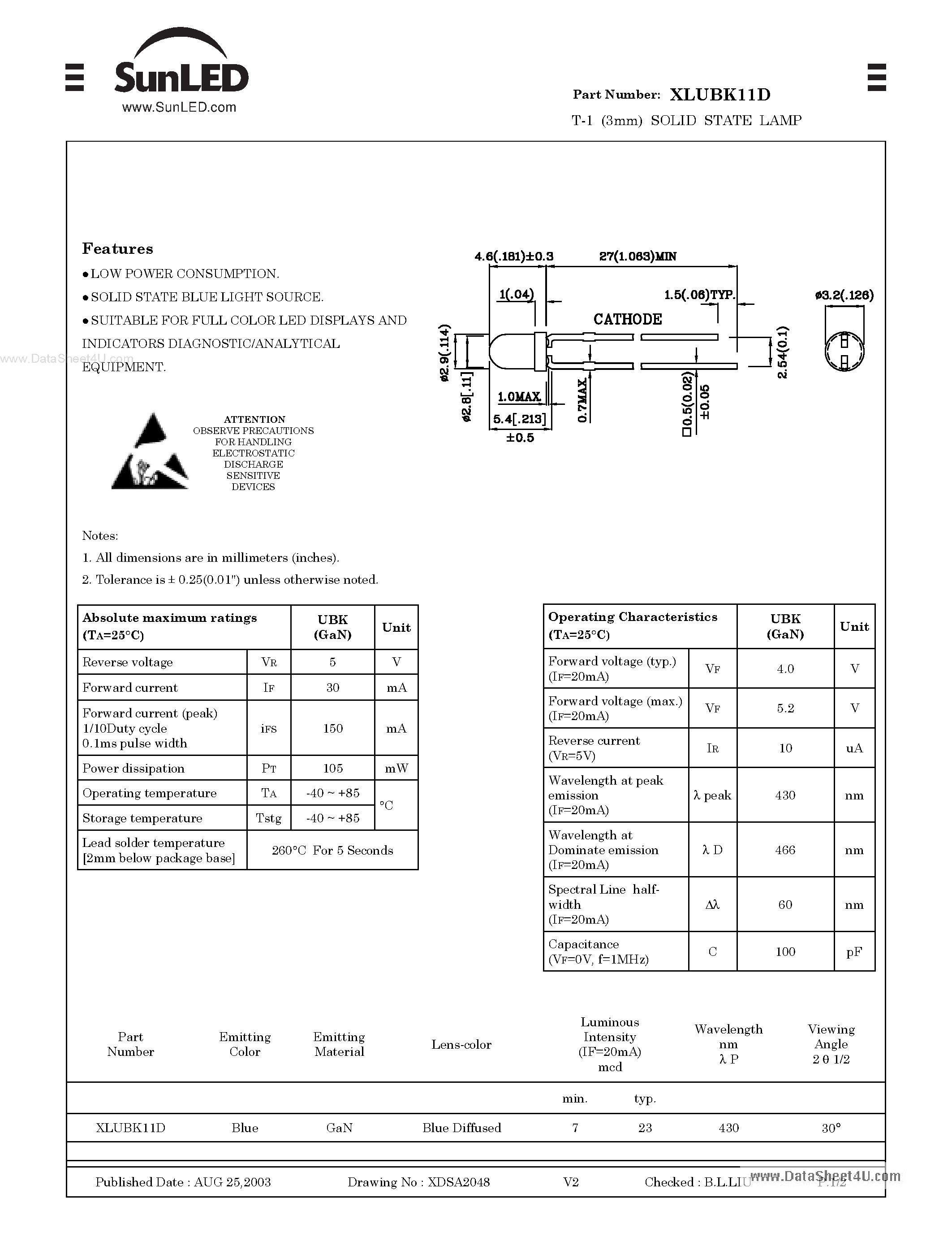 Datasheet XLUBK11D - T-1 (3mm) SOLID STATE LAMP page 1
