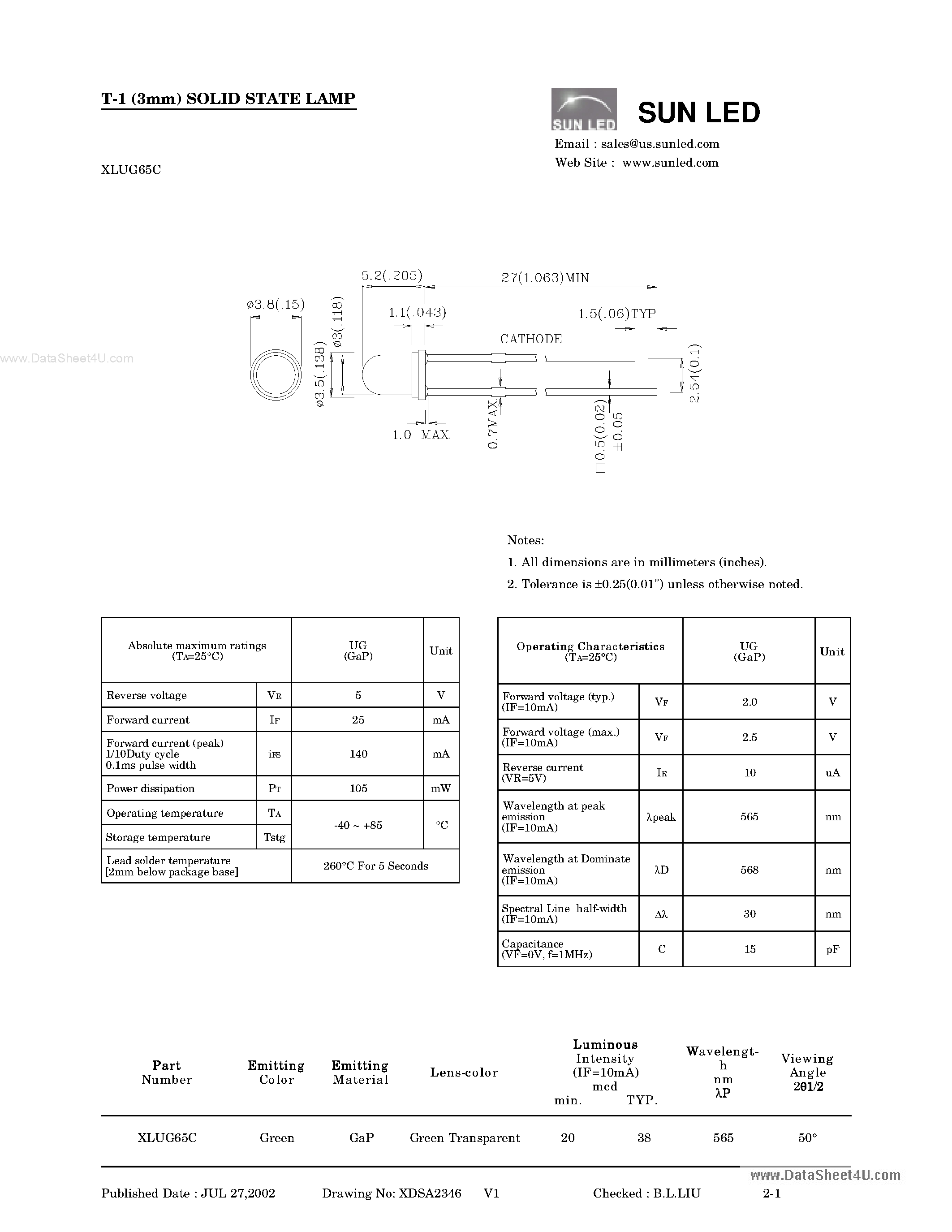 Datasheet XLUG65C - T-1 (3mm) SOLID STATE LAMP page 1