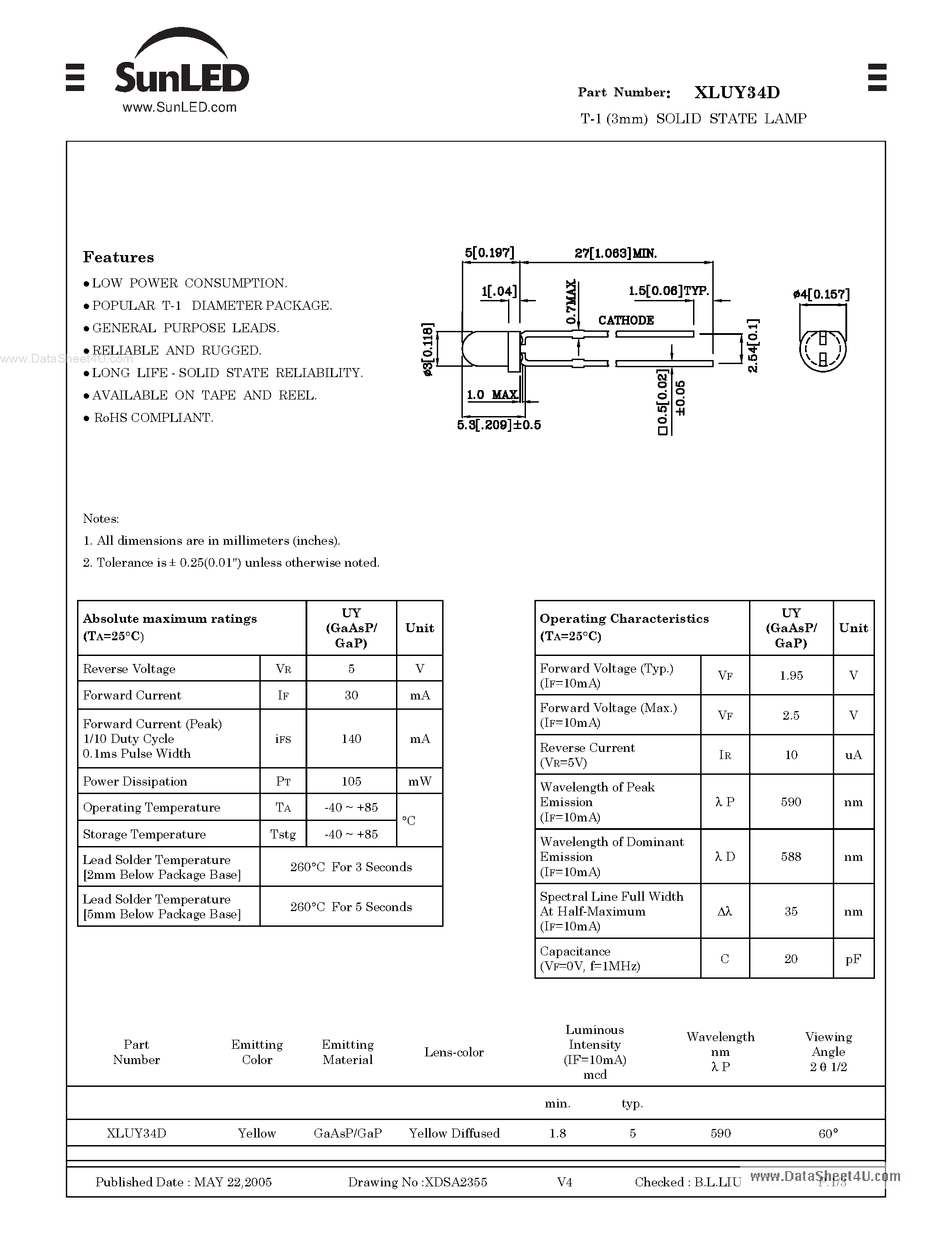 Datasheet XLUY34D - T-1 (3mm) SOLID STATE LAMP page 1