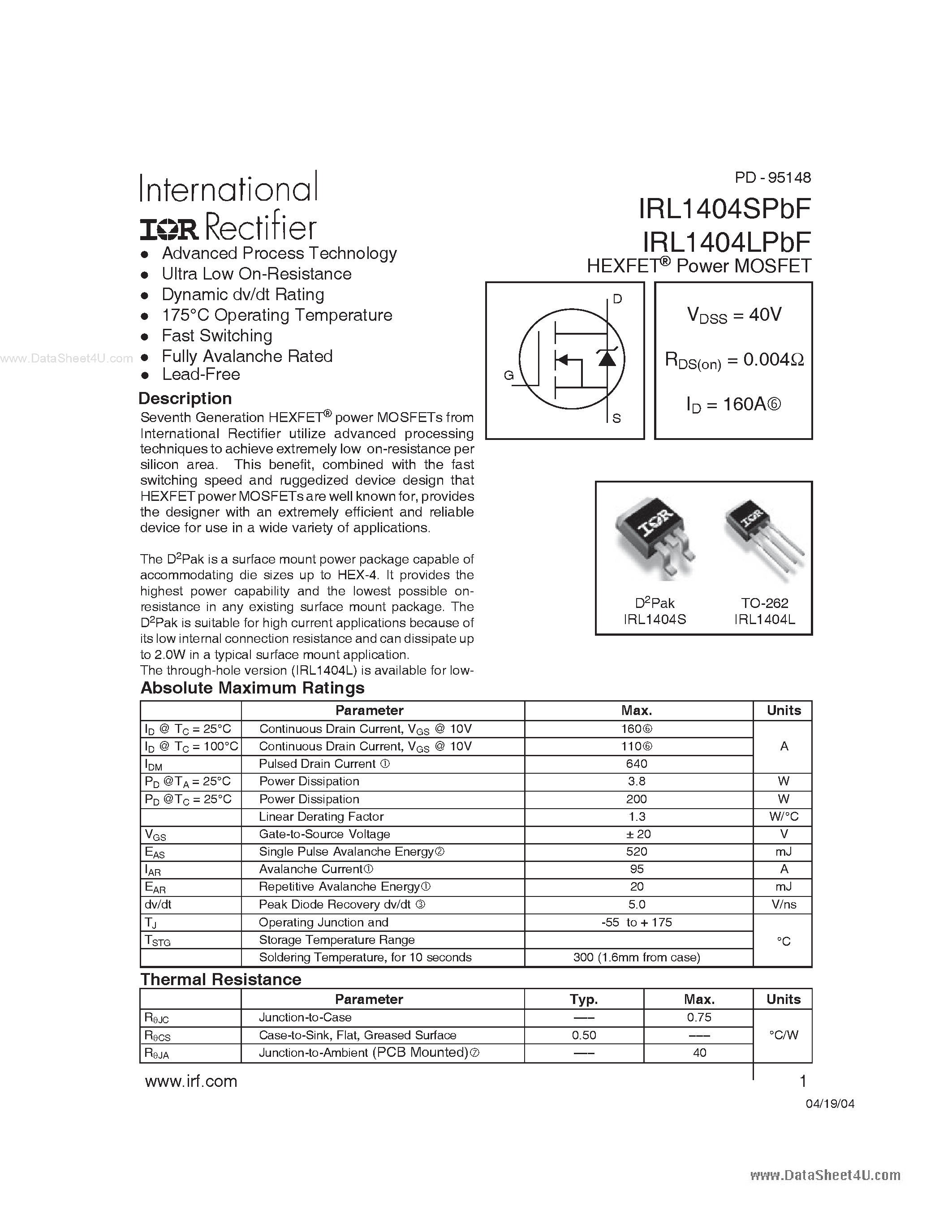 Datasheet IRL1404LPBF - Power MOSFET page 1