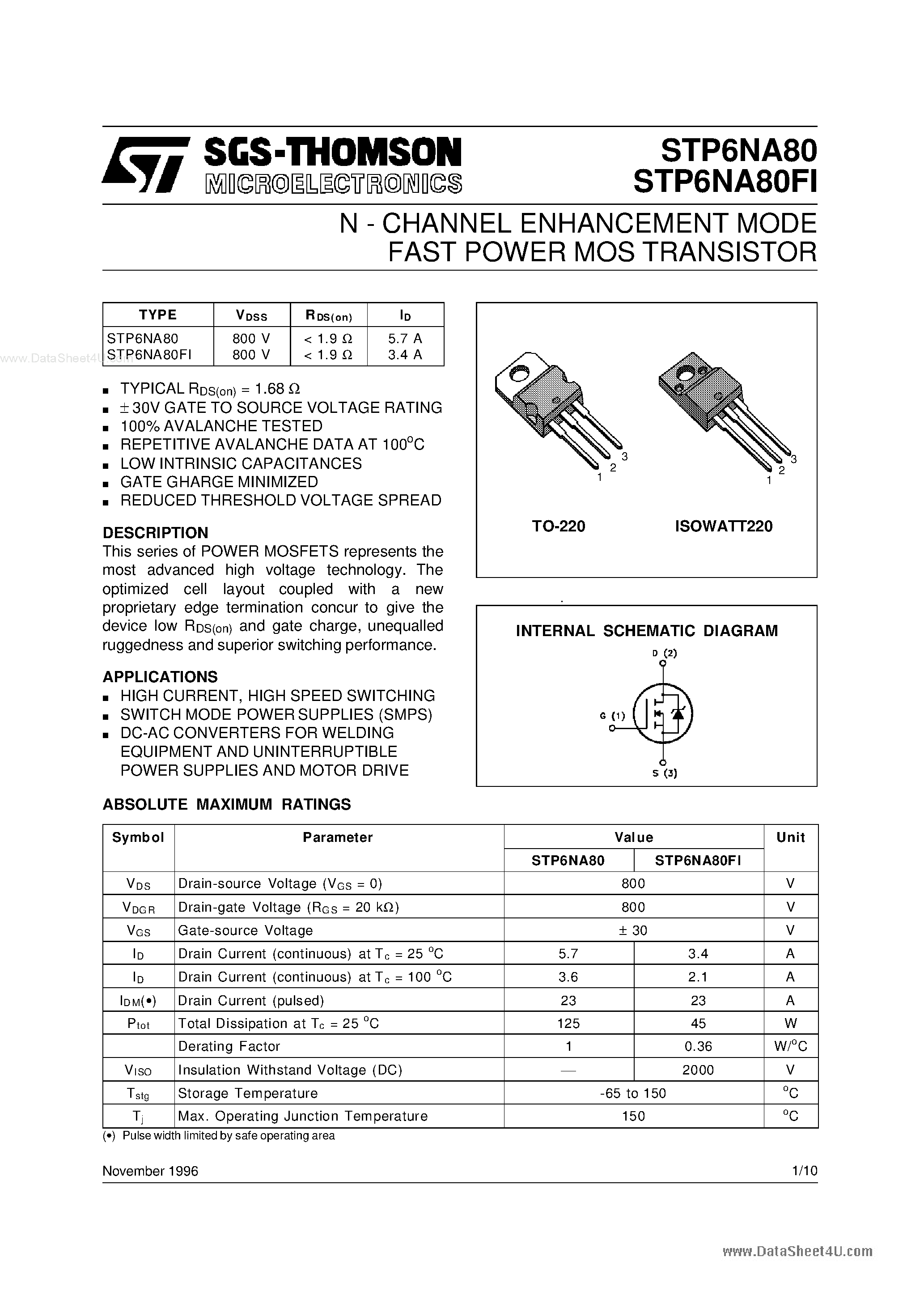 Даташит STP6NA80 - N-CHANNEL ENHANCEMENT MODE FAST POWER MOS TRANSISTOR страница 1