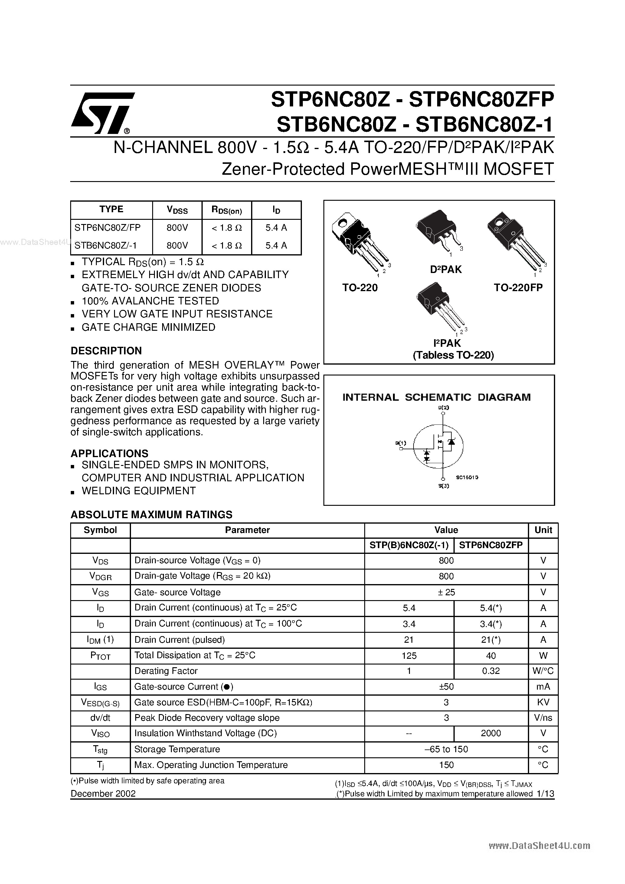 Даташит STP6NC80Z - N-CHANNEL MOSFET страница 1