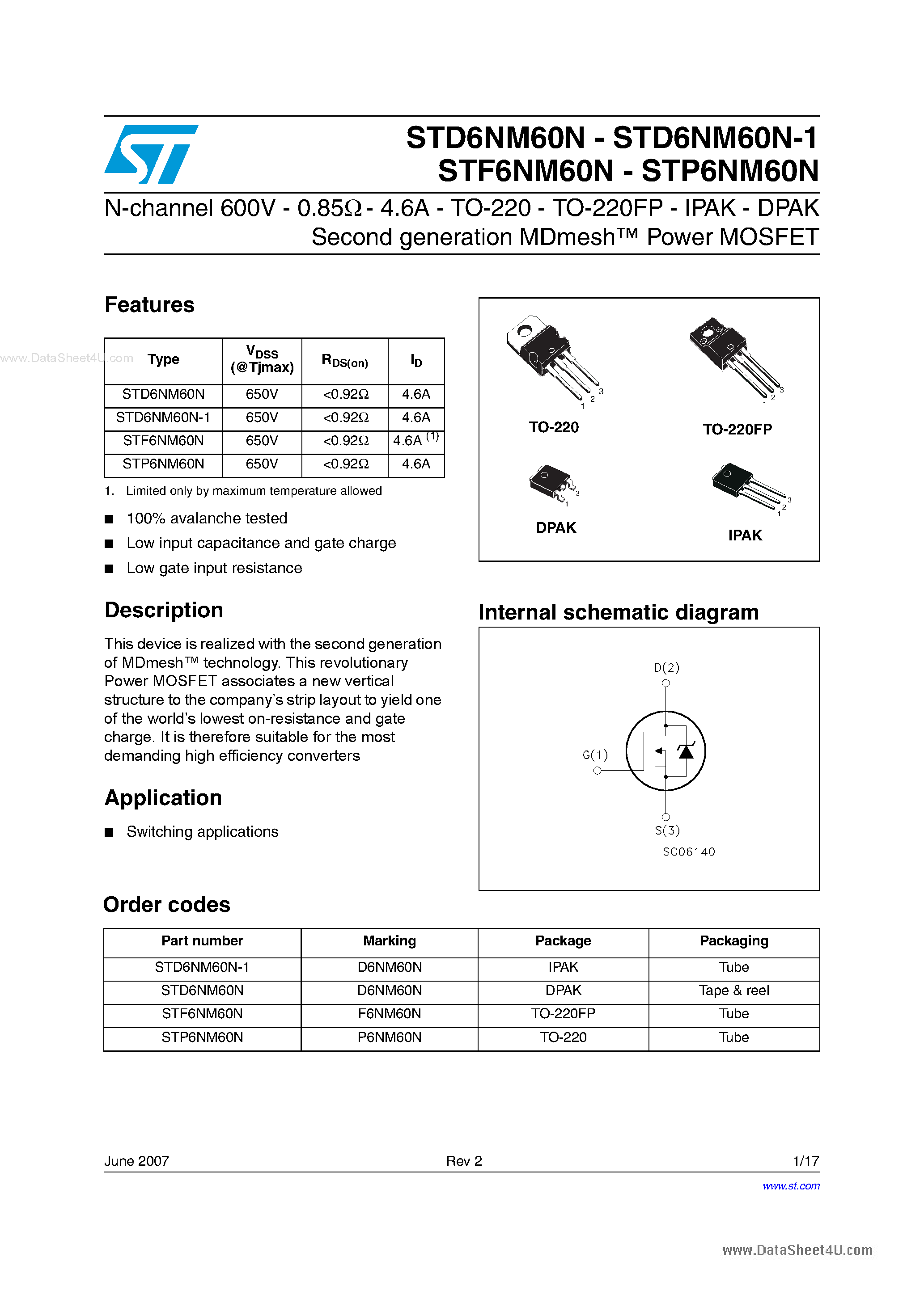 Datasheet STP6NM60N - N-channel Power MOSFET page 1