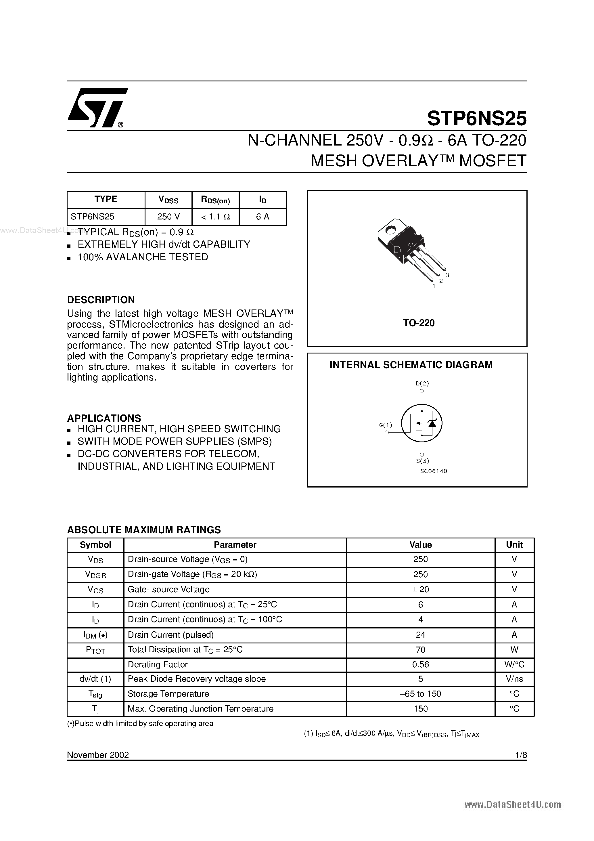 Datasheet STP6NS25 - N-CHANNEL MOSFET page 1