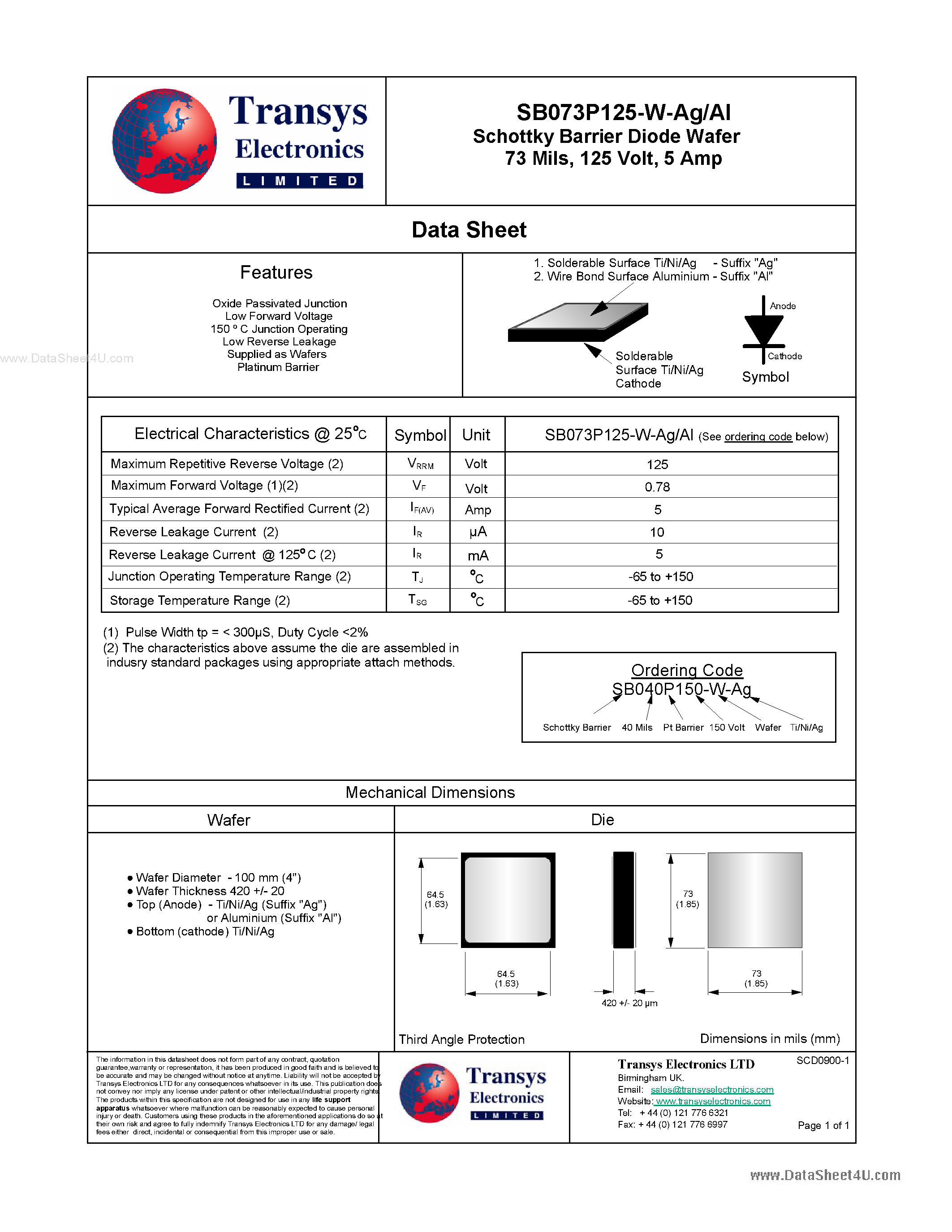Datasheet SB073P125-W-AG - Schottky Barrier Diode Wafer page 1