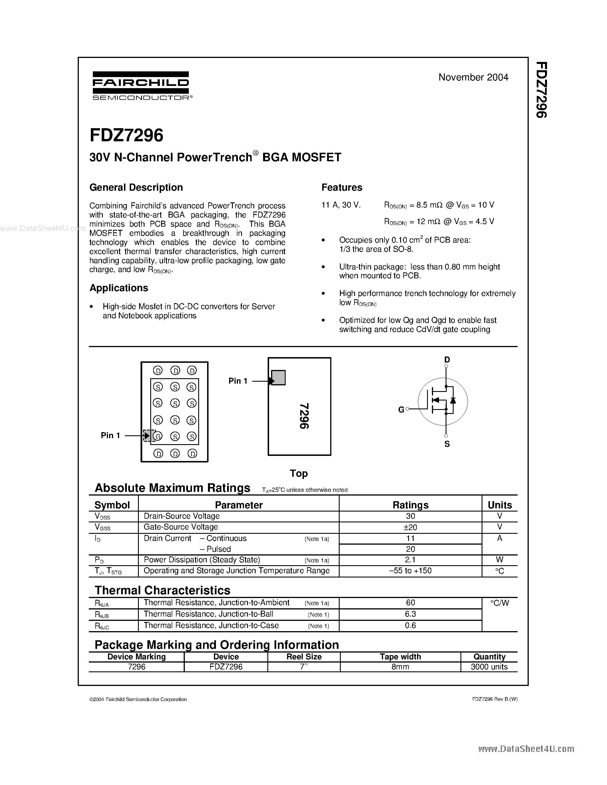 Даташит FDZ7296 - 30V N-Channel PowerTrench BGA MOSFET страница 1