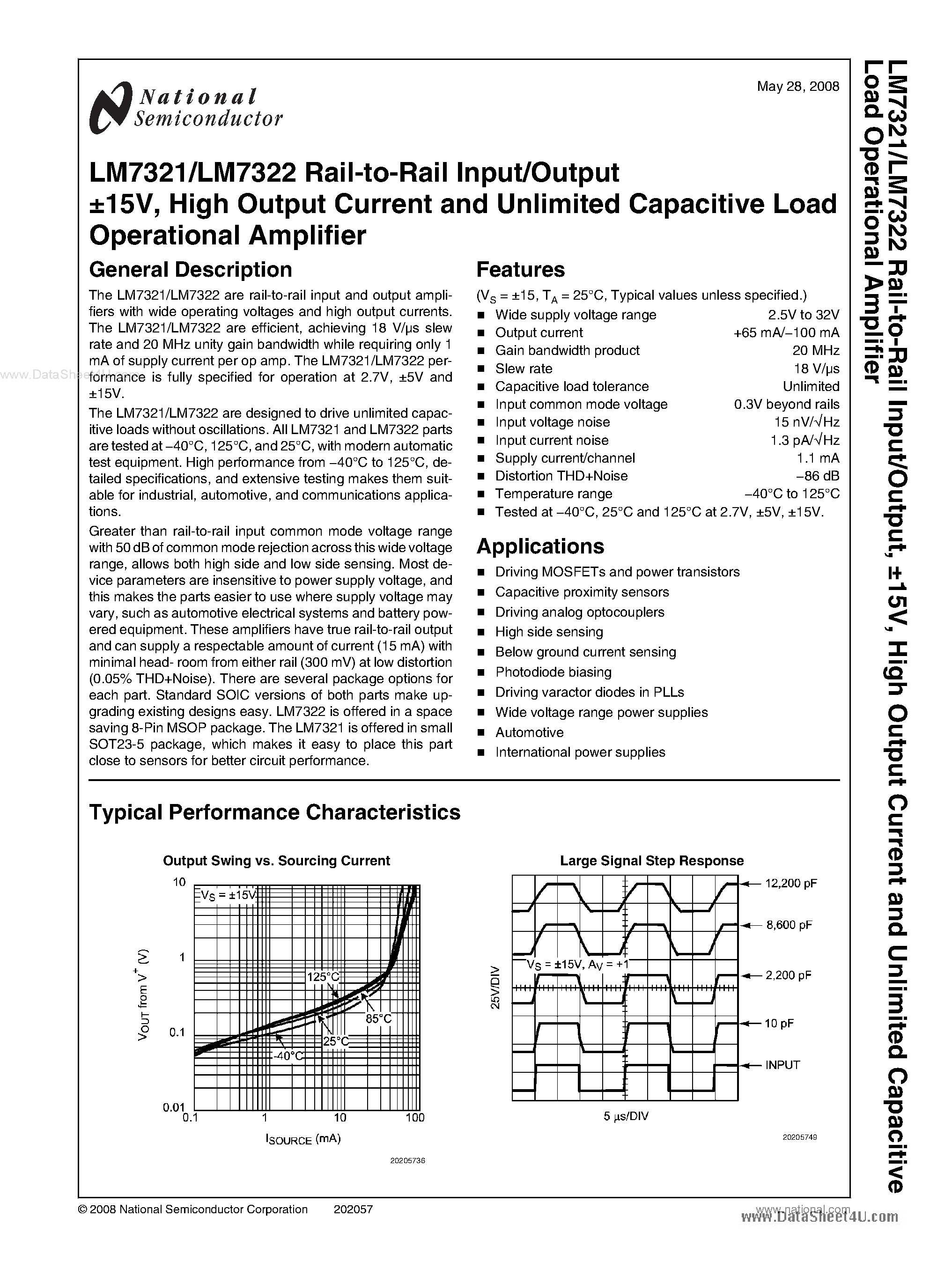 Datasheet LM7321 - (LM7321 / LM7322) High Output Current and Unlimited Capacitive Load Operational Amplifier page 1