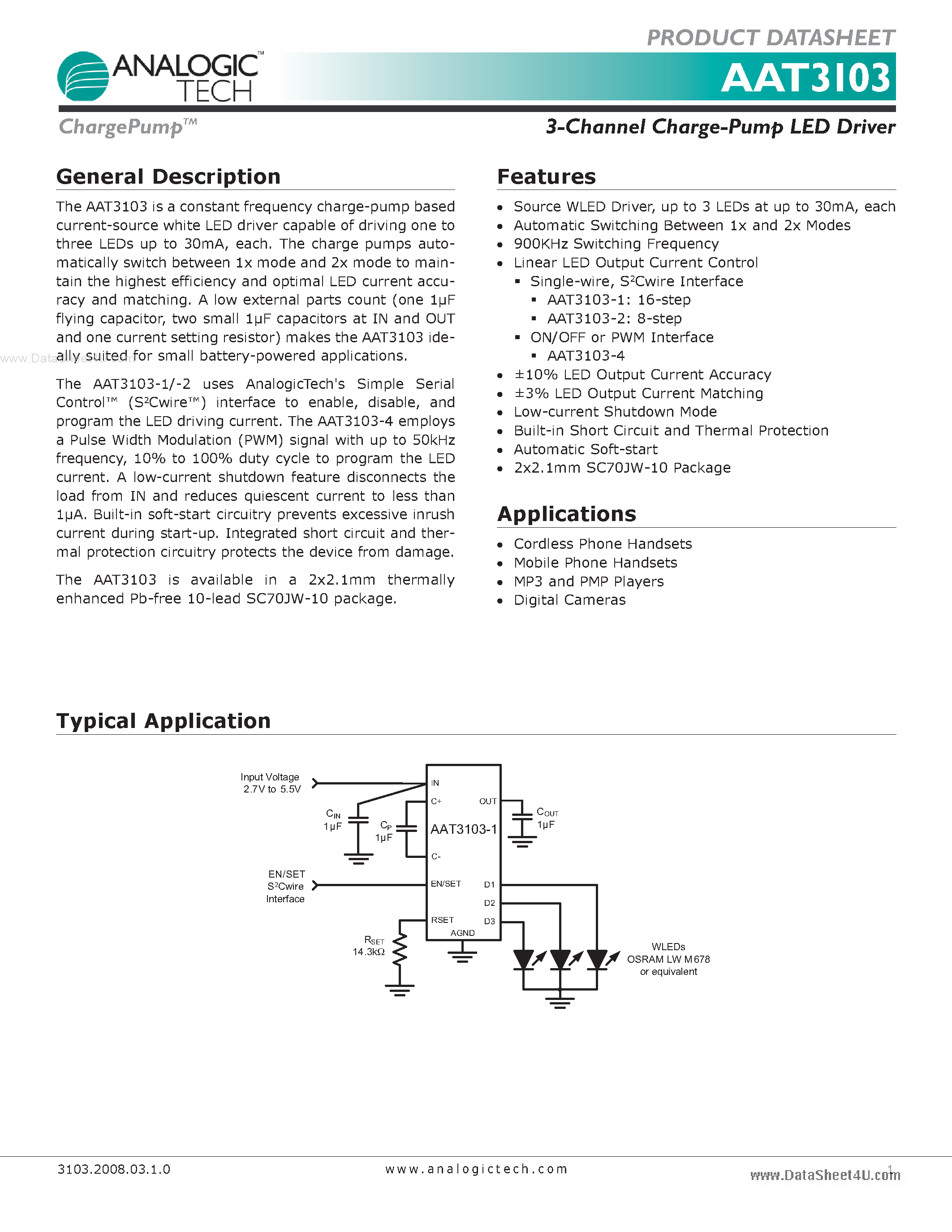 Datasheet AAT3103 - 3-Channel Charge-Pump LED Driver page 1