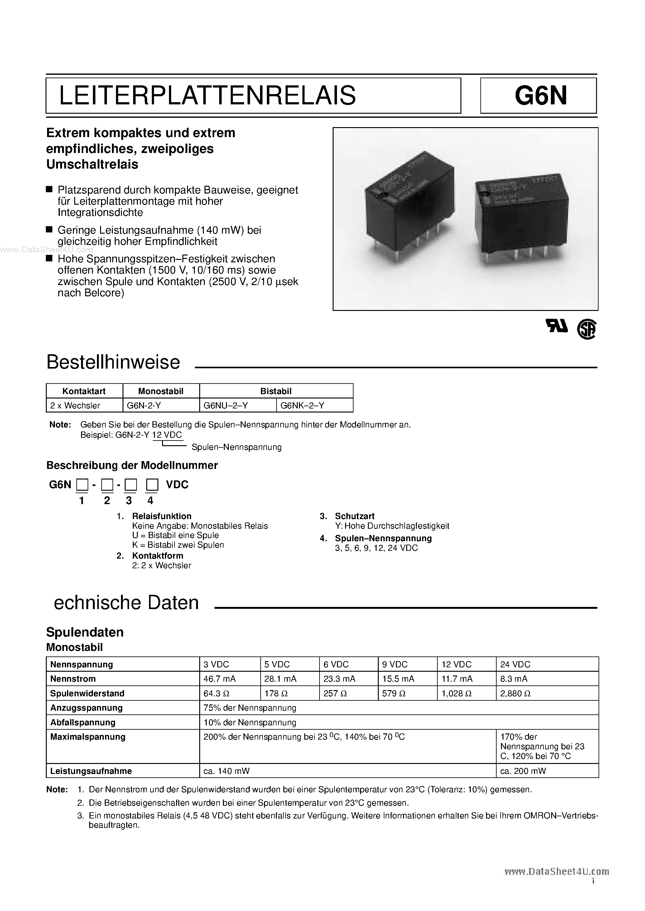 Datasheet G6N - Leiterplattenrelais page 1