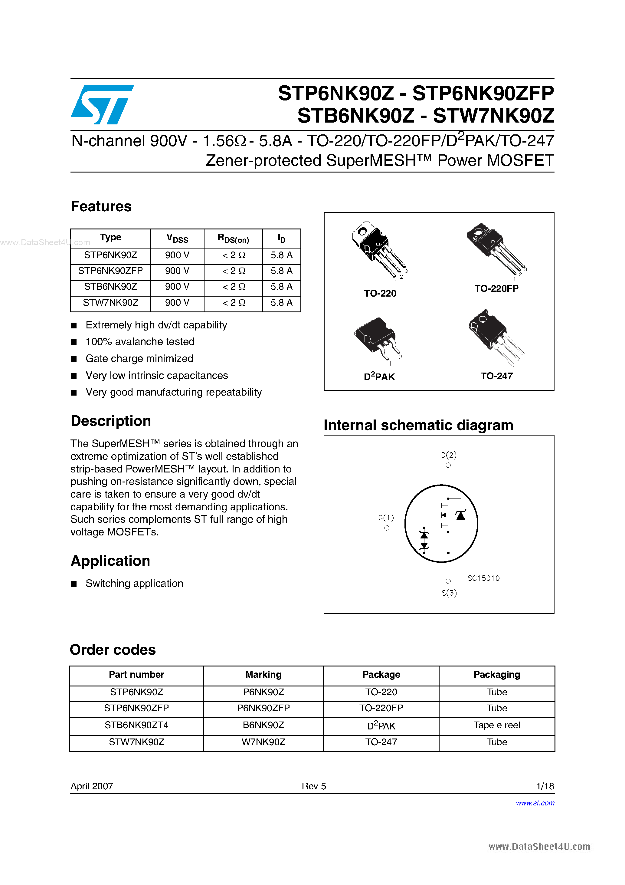 Datasheet STP6NK90Z - N-channel Power MOSFET page 1