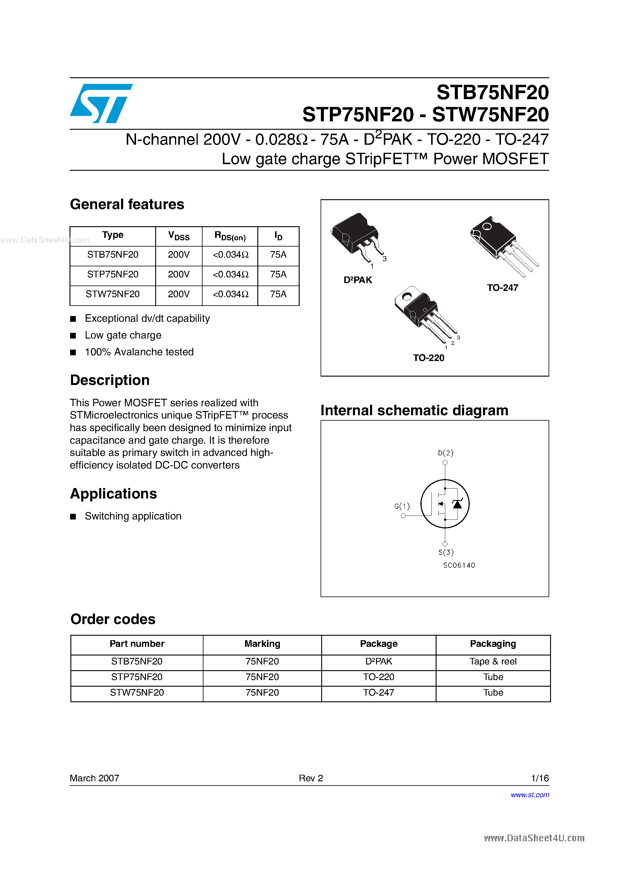Даташит STB75NF20 - N-channel Power MOSFET страница 1