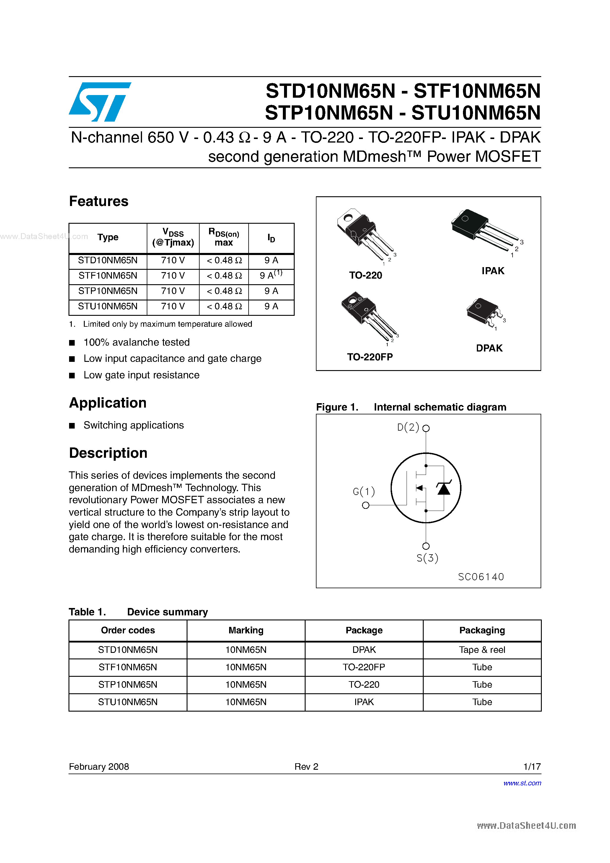 Даташит STP10NM65N - N-channel Power MOSFET страница 1