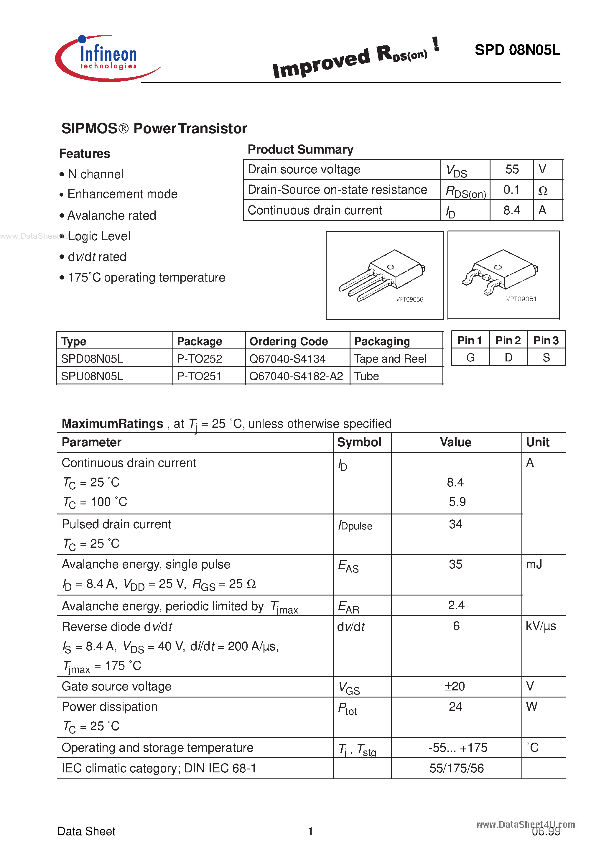 Datasheet SPU08N05L - SIPMOS-R POWER TRANSISTOR page 1